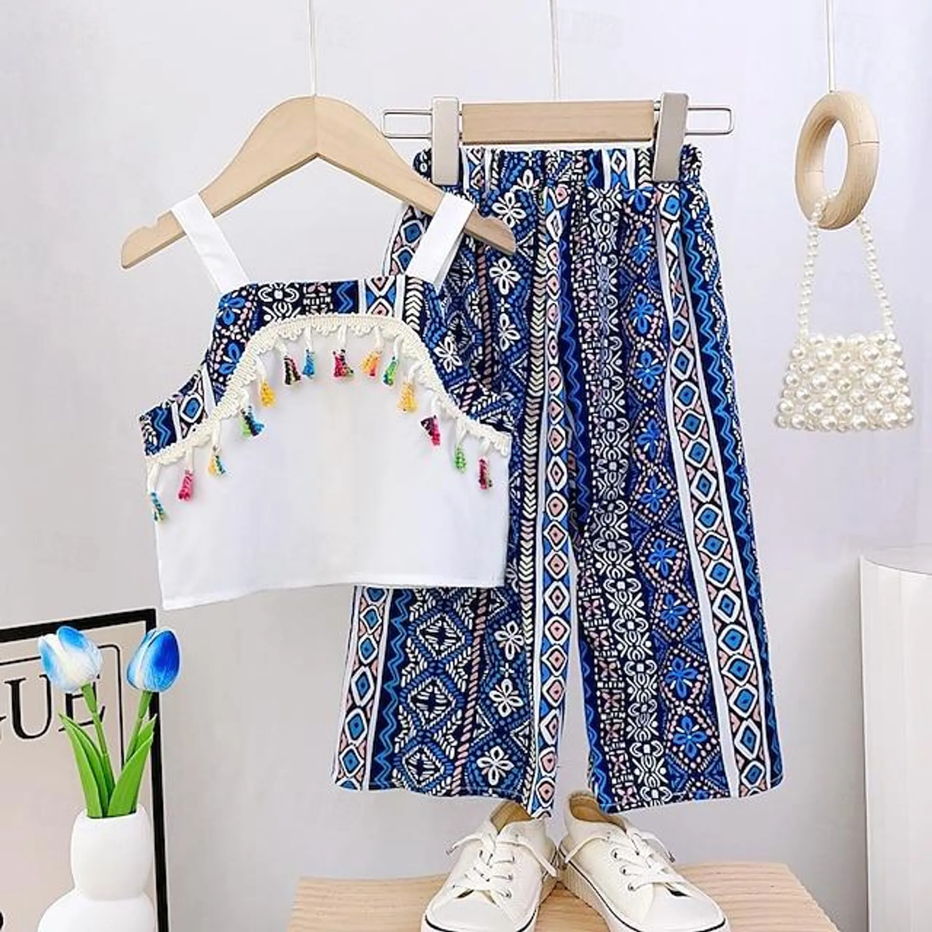 Conjunto étnico de verano para niña, top con tirantes y cuello de encaje, pantalones de pierna ancha con estampado geométrico, conjunto de dos piezas