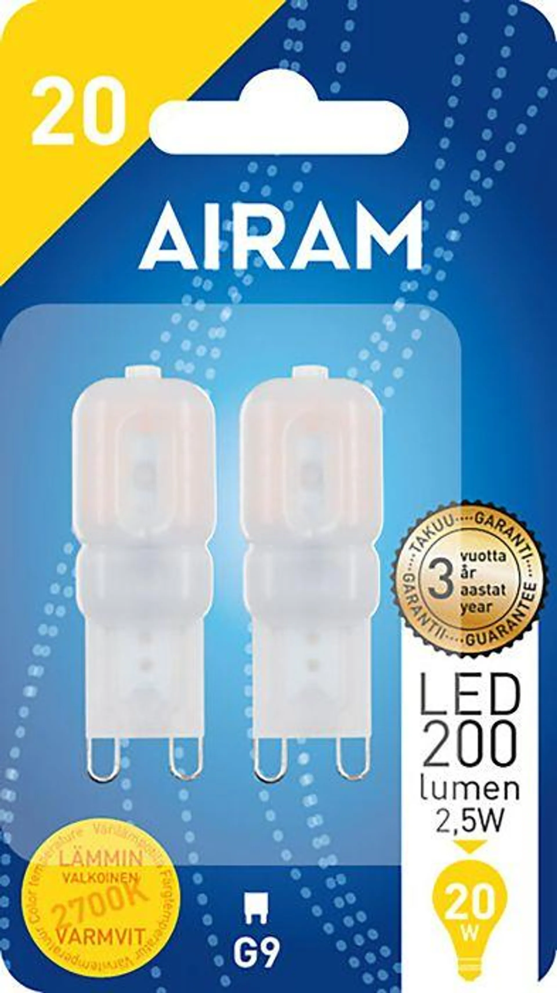 LED-lamppu Airam PO 827 2,5W 180lm 2700K G9 2 kpl/pkt