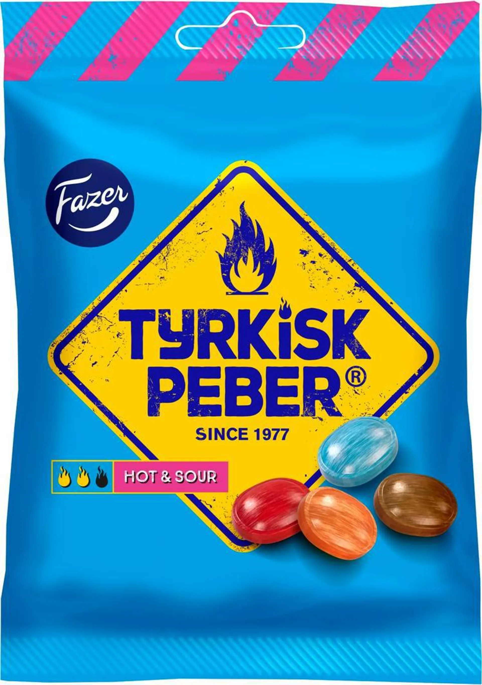 Fazer Tyrkisk Peber Hot & Sour salmiakkihedelmä karkkipussi 150g