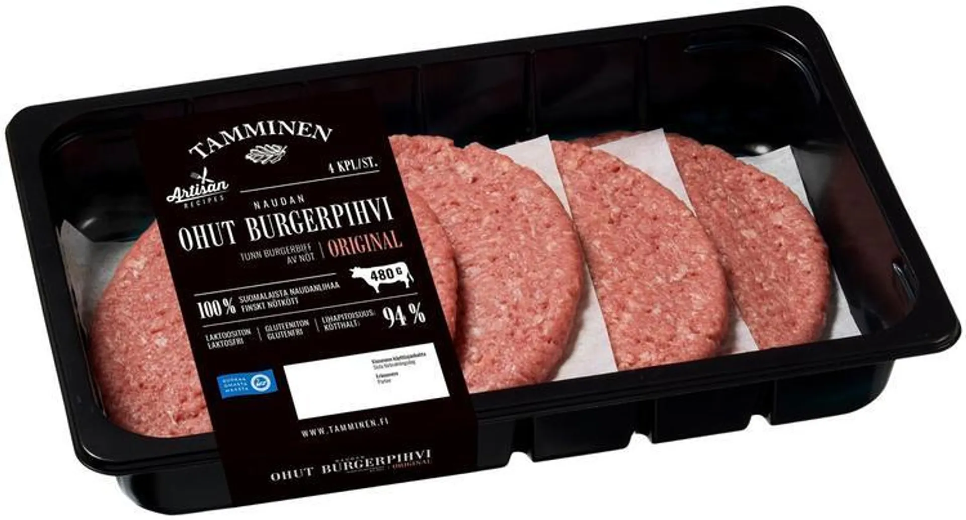 Tamminen naudan ohut burgerpihvi 4kpl 480g