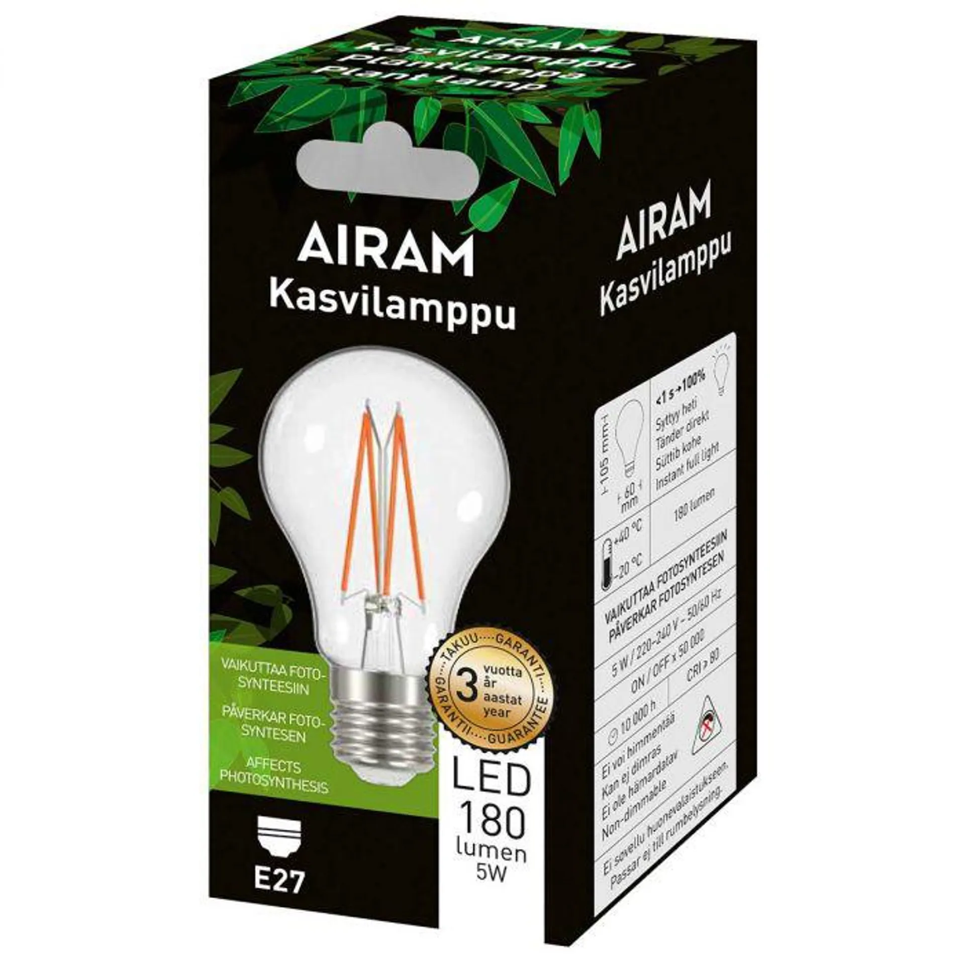 AIRAM LED KASVILAMPPU VAKIO 5W VAKIO E27 KIRKAS FILAMENT 180 LM