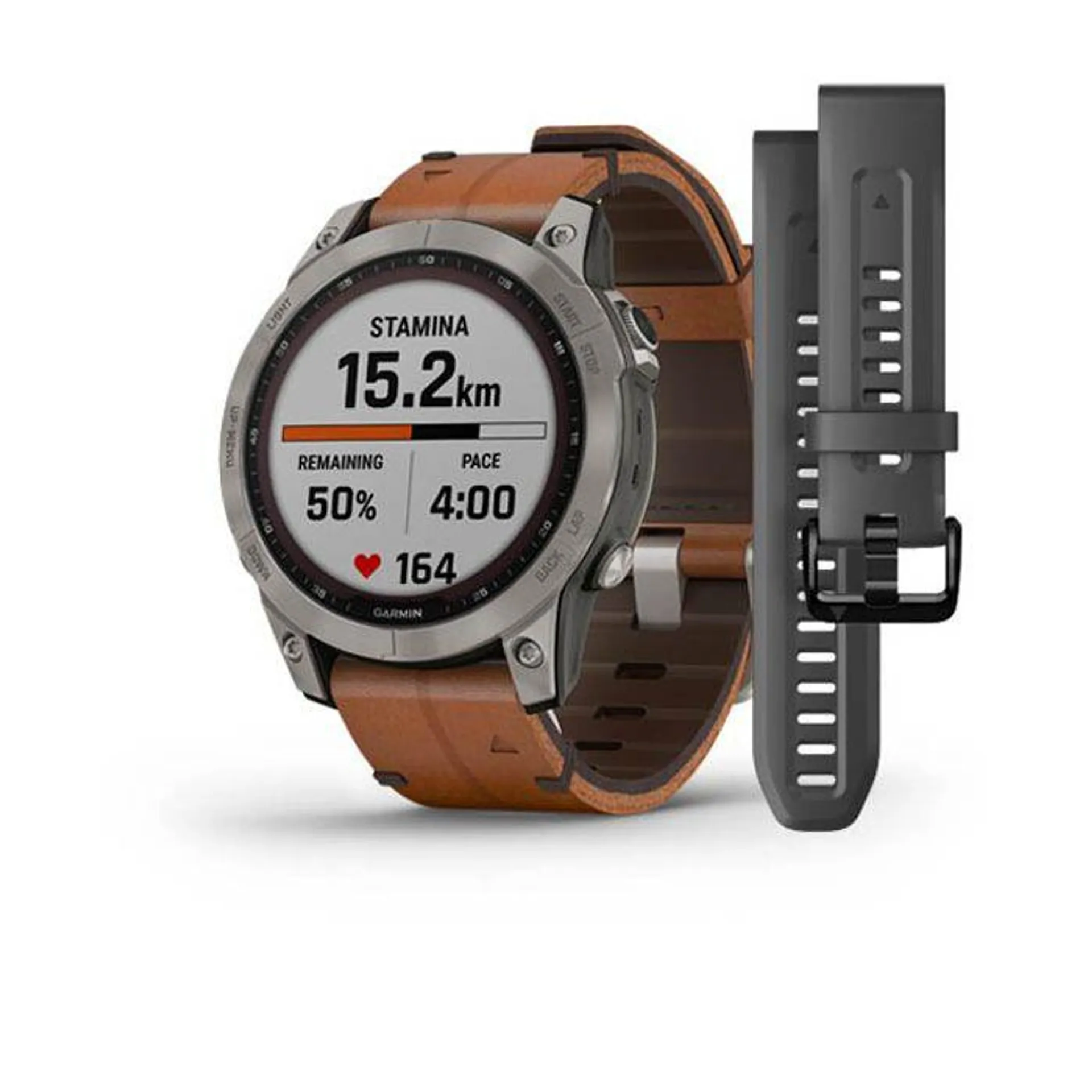 Garmin Fenix 7 Sapphire Solar titaani ja ruskea nahkaranneke + silikoniranneke 010-02540-31