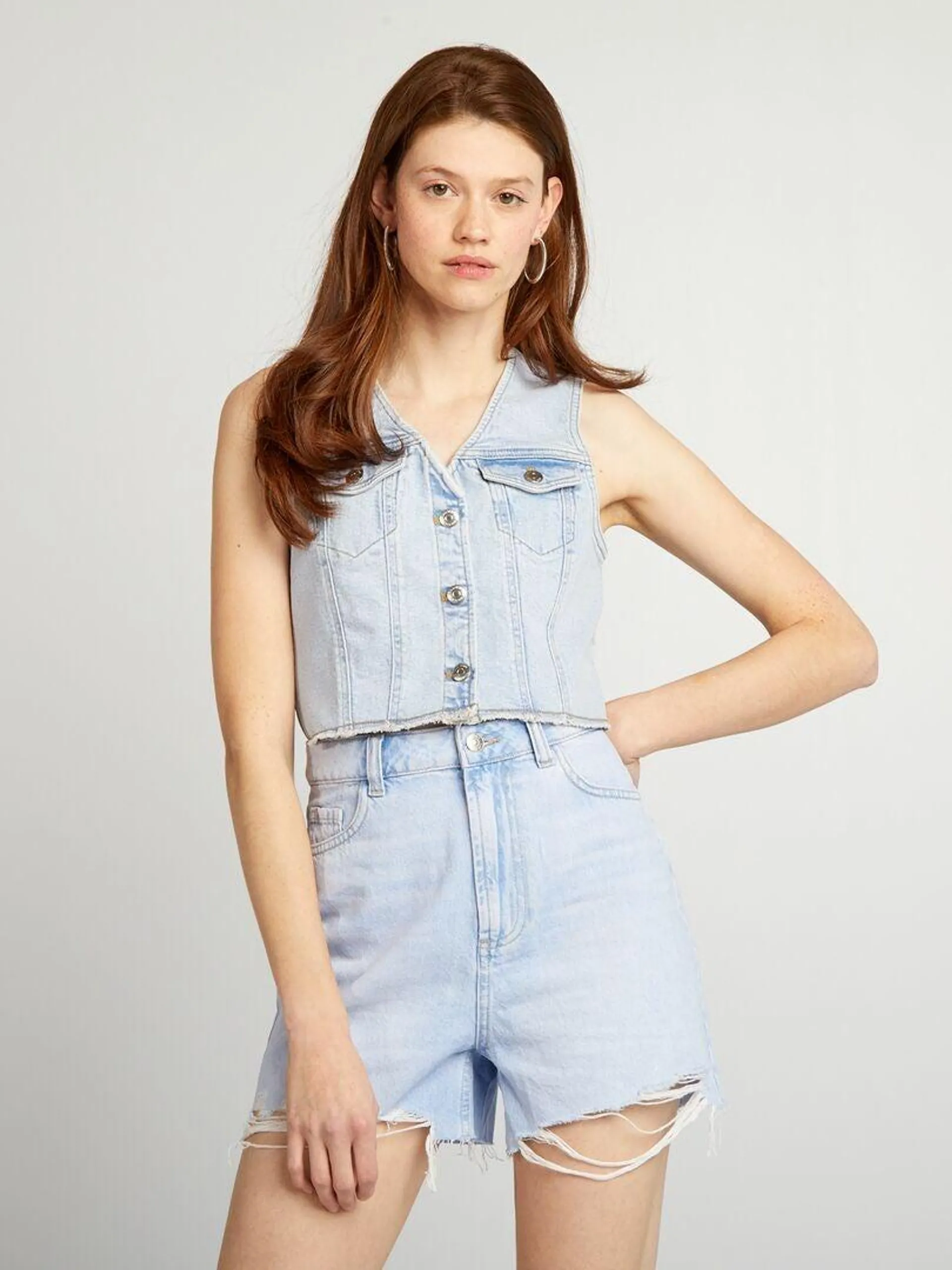 Short en jean taille haute - Bleu