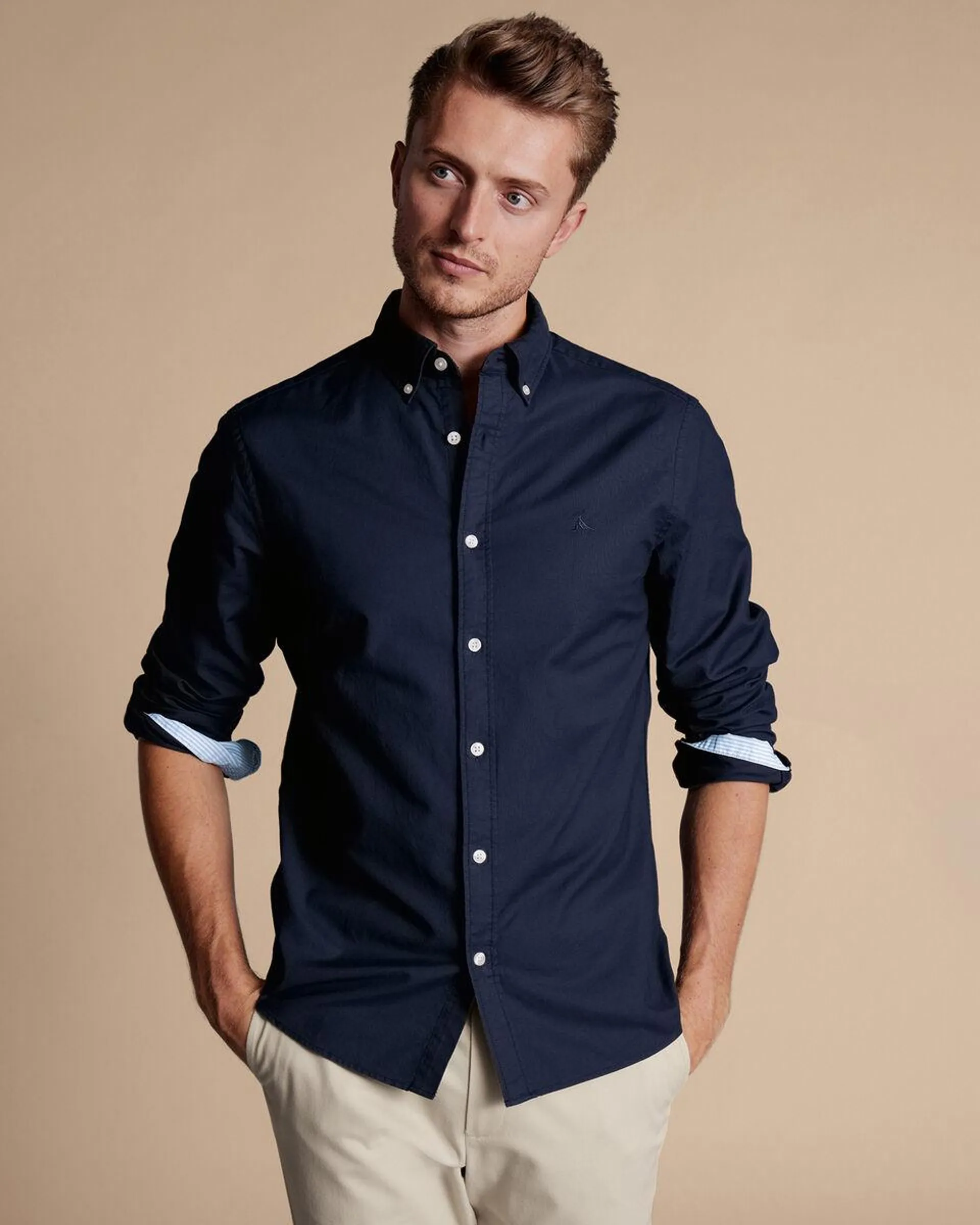 details about product: Button-Down Collar Stretch Washed Oxford Shirt - Navy Blue