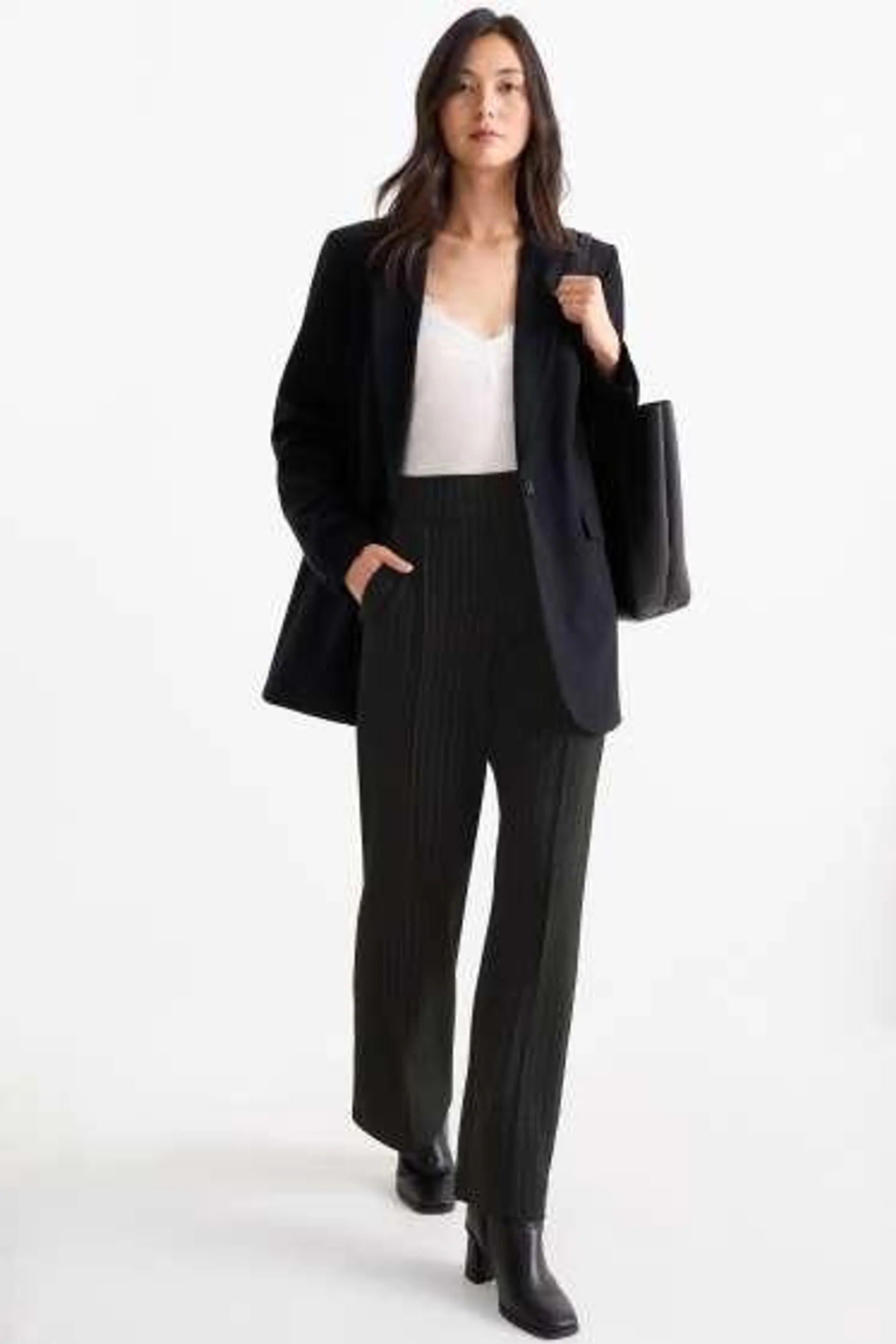 Jersey trousers - high waist - straight fit - pinstripes