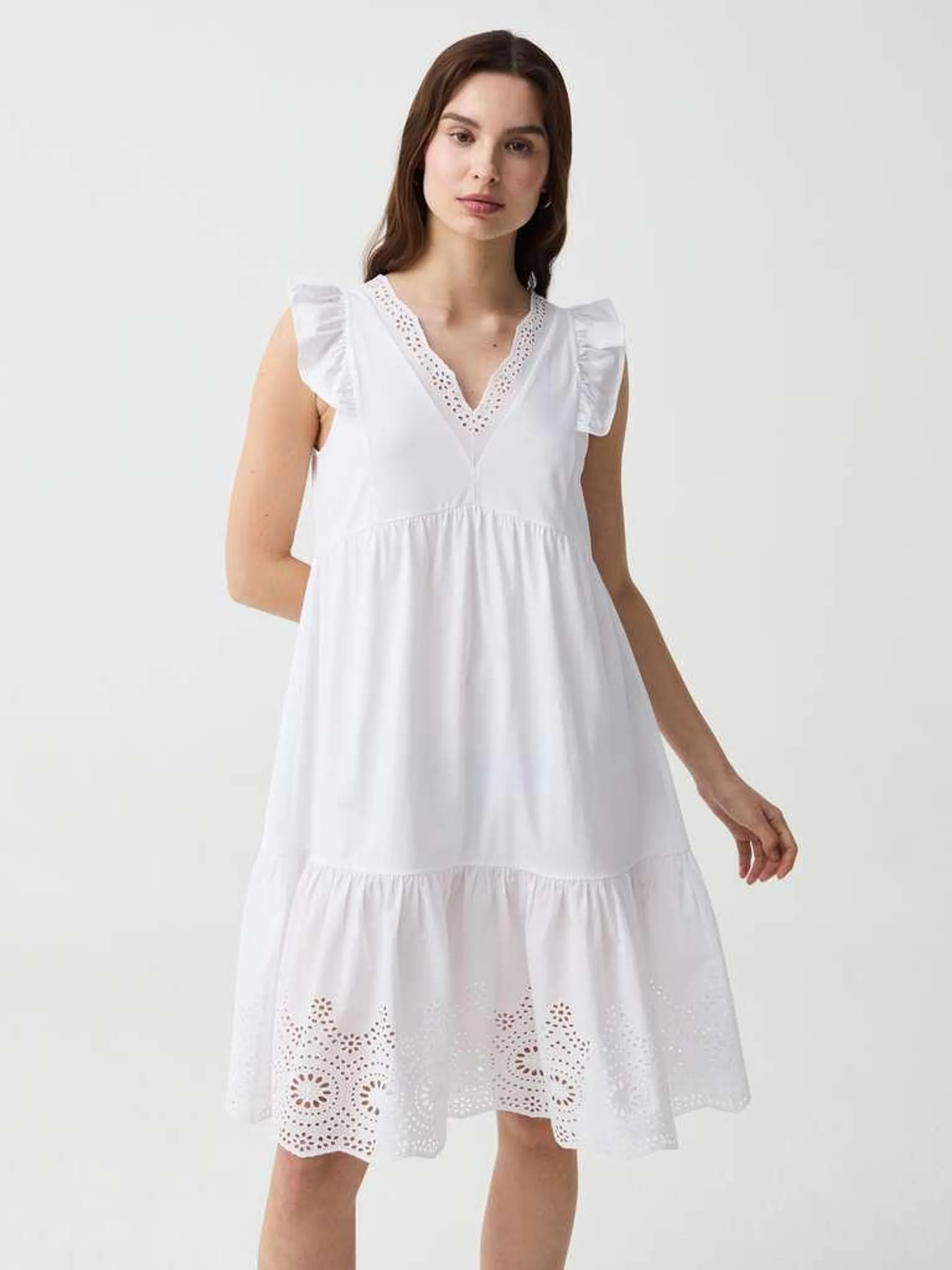 Optical White Short tiered dress with broderie anglaise details