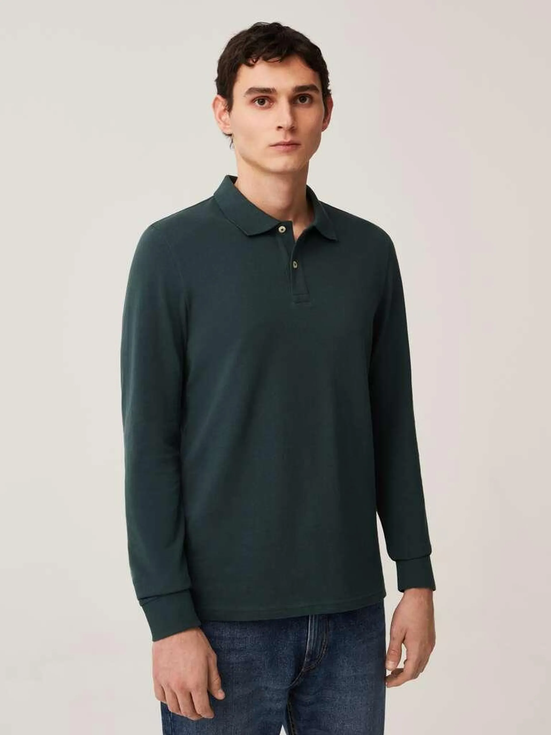 Dark Green Long-sleeve polo shirt in cotton pique