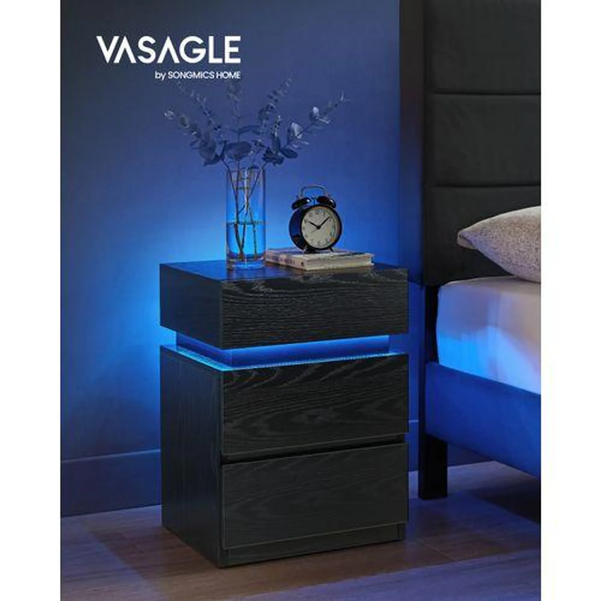 VASAGLE Table De Chevet, Avec Bande LED Multicolore Réglable, 3 Tiroirs, 35 X 40 X 55 Cm, Noir Boisé