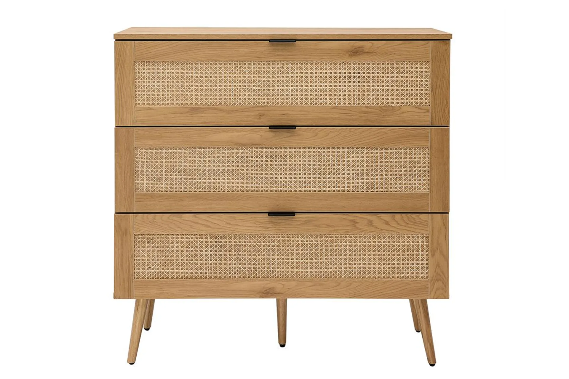 Commode finition bois clair, cannage en rotin et métal noir 3 tiroirs L100 cm MANILLE