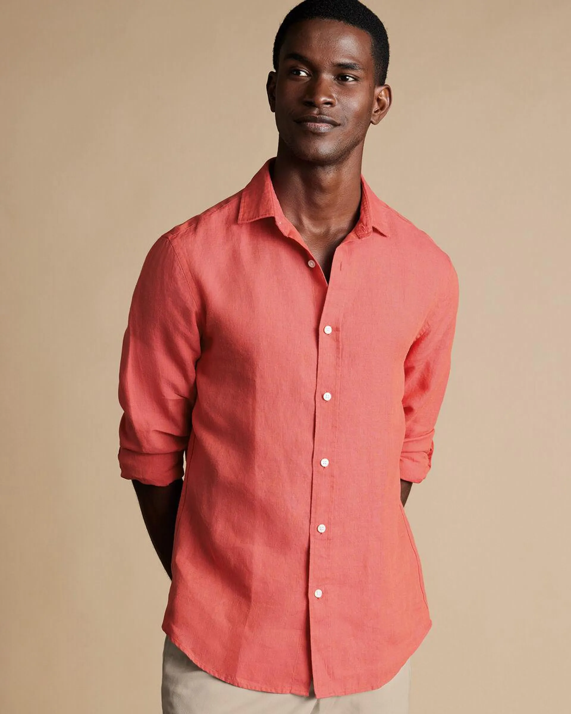 details about product: Pure Linen Shirt - Coral Pink