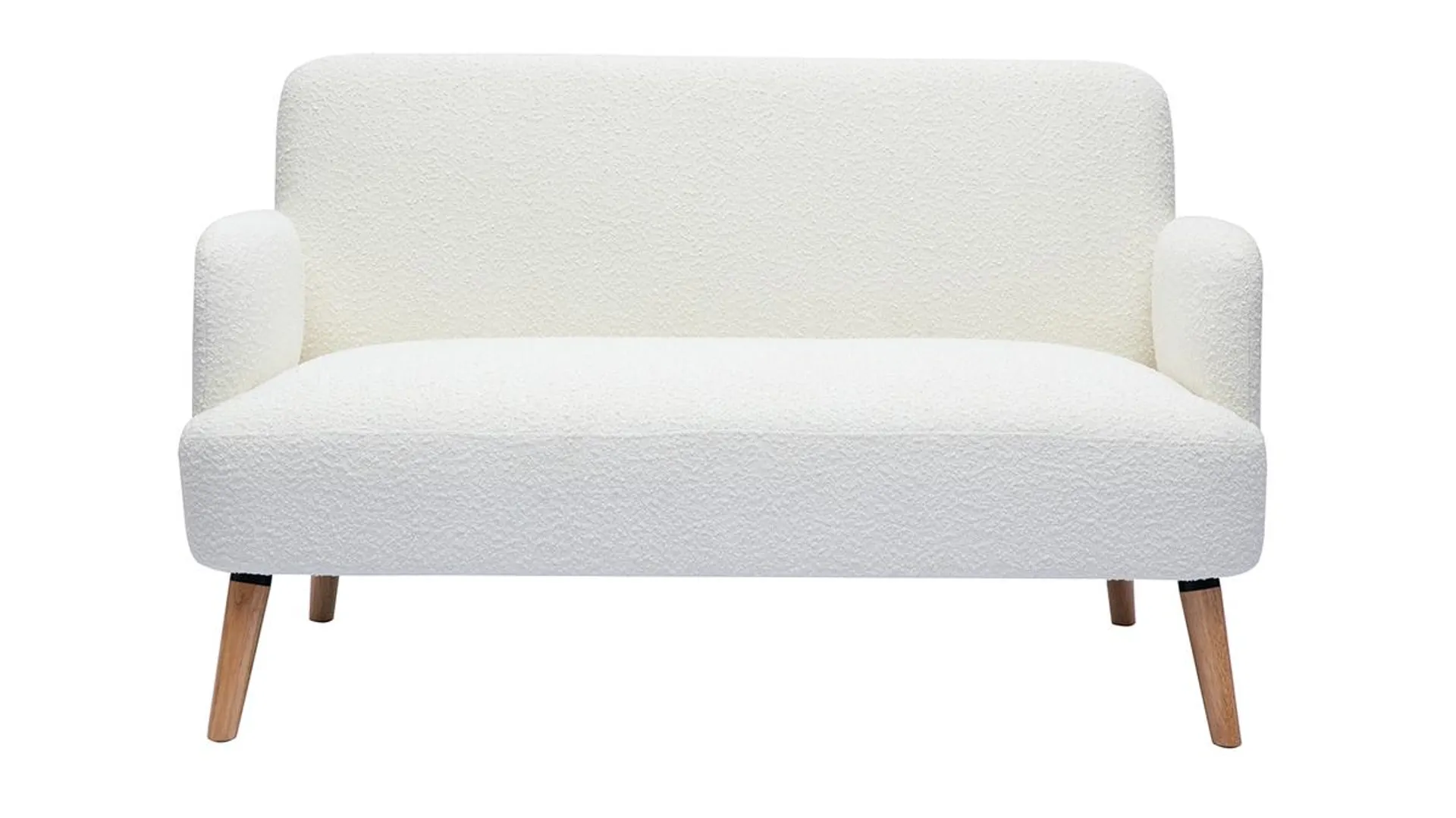 Canapé scandinave 2 places en tissu effet laine bouclée blanc et bois clair ISKO