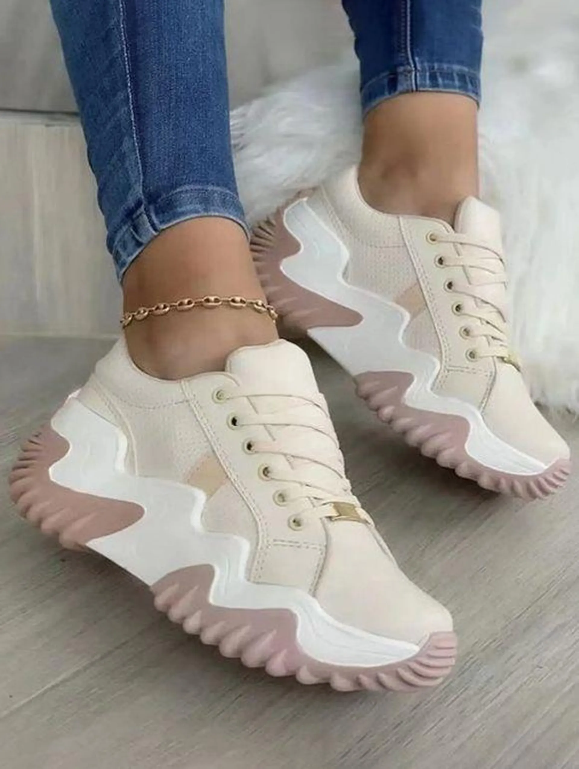 Colorblock Lace Up Thick Platform Casual Shoes