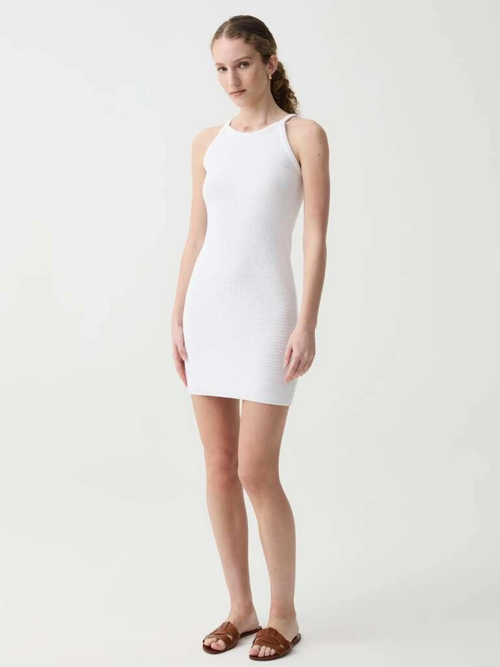 Short crochet dress with halter neck Blanc optique