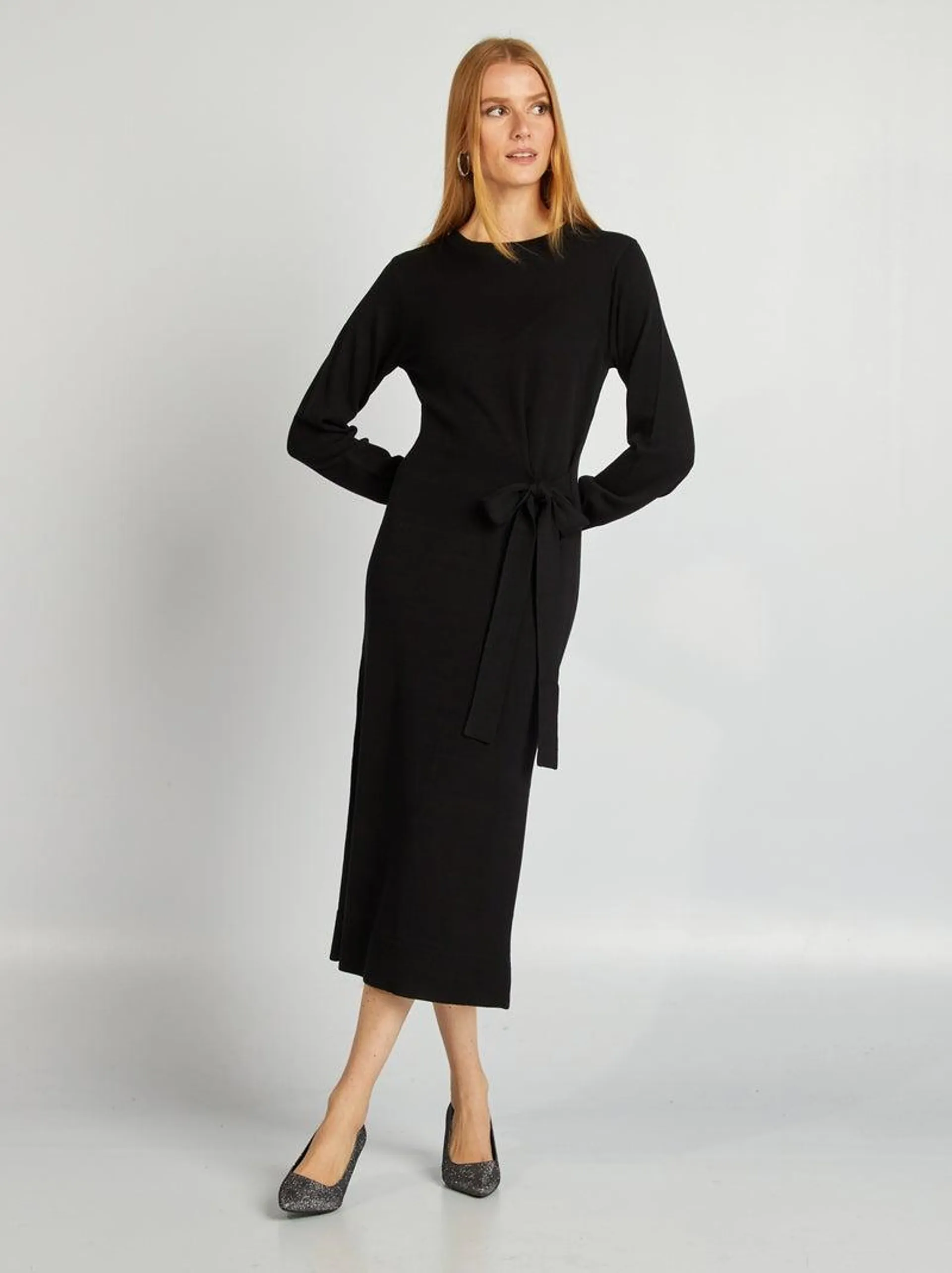 Robe pull midi à ceinturer - noir