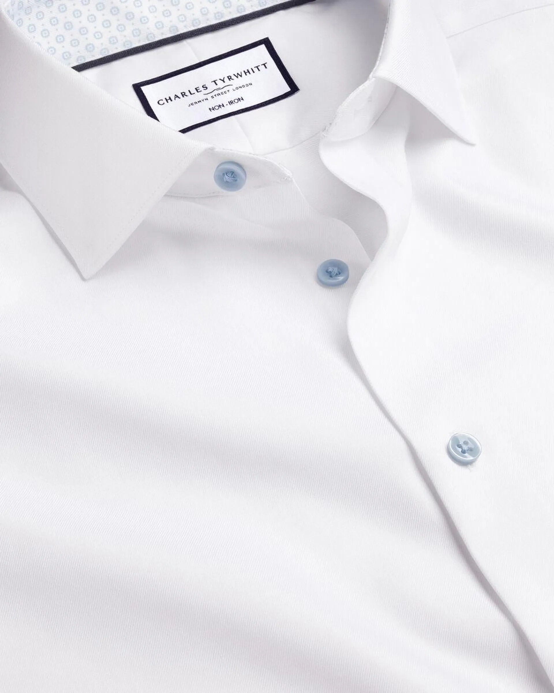 details about product: Semi-Cutaway Non-Iron Collar Twill Shirt with Printed Trim - White