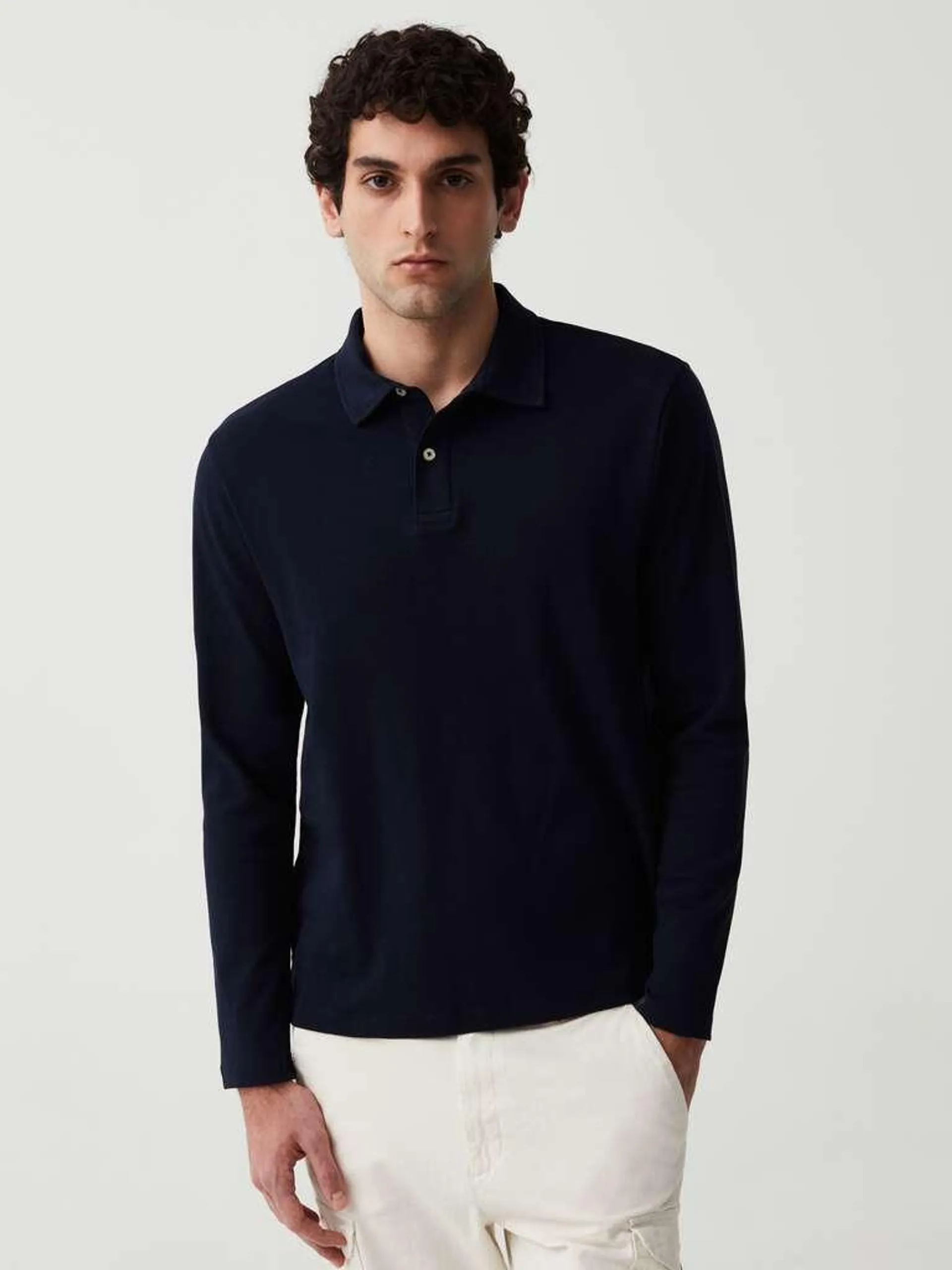 Dark Blue Long-sleeved cotton polo shirt