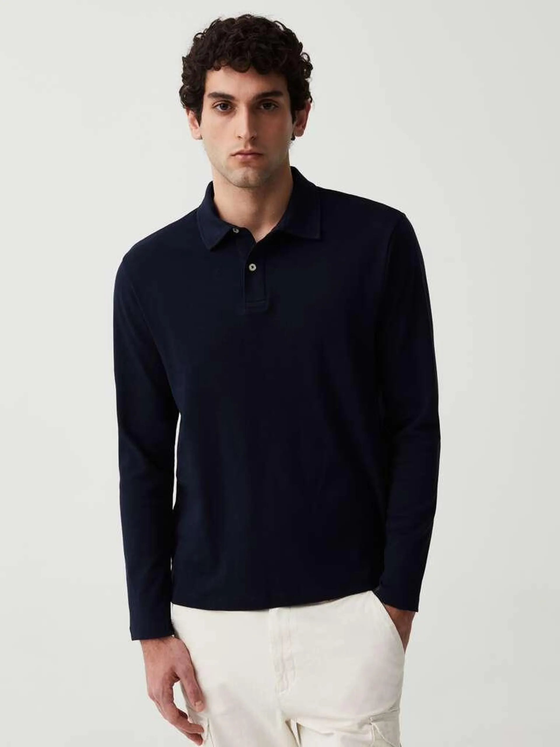 Long-sleeved cotton polo shirt Bleu foncé