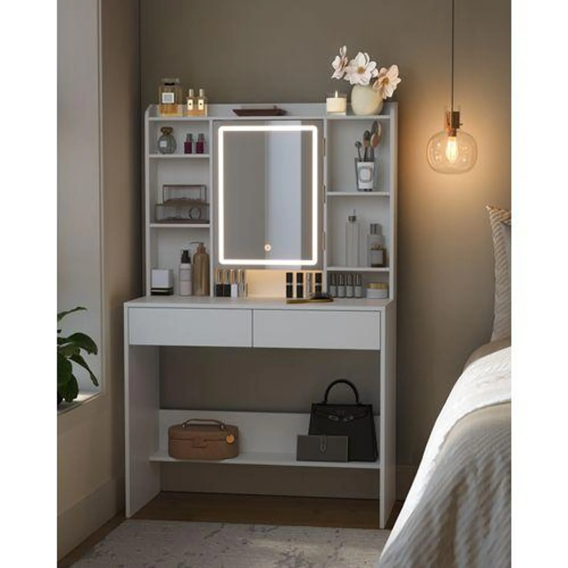 VASAGLE Coiffeuse Avec Miroir LED, 2 Tiroirs, Style Moderne, Étagère De Rangement Réglable, Blanc