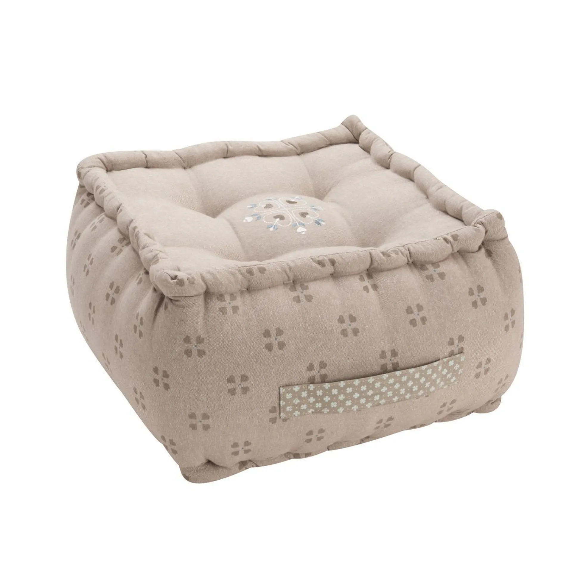 Pouf rond brodé style campagnard - 40 x 40 x 30 cm - Beige