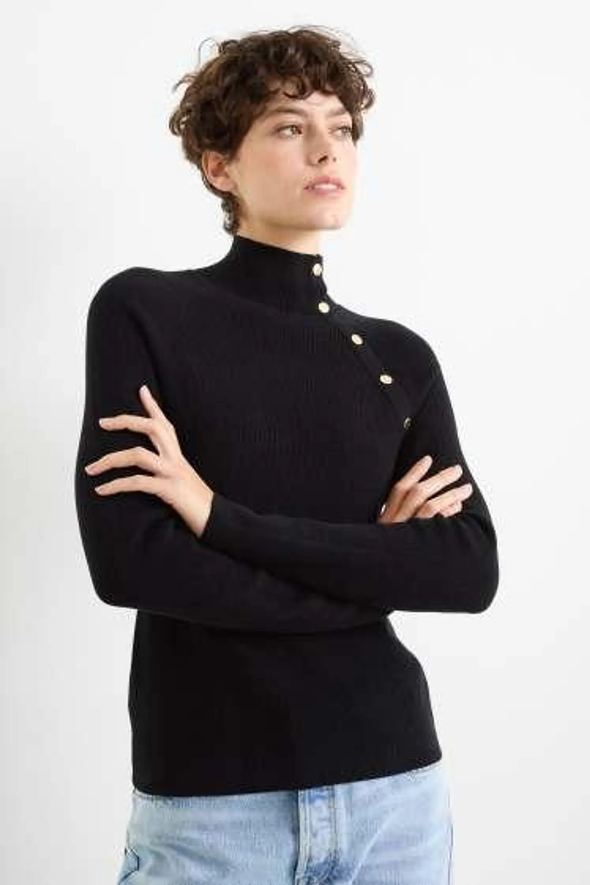 Jumper with band collar - ribbed