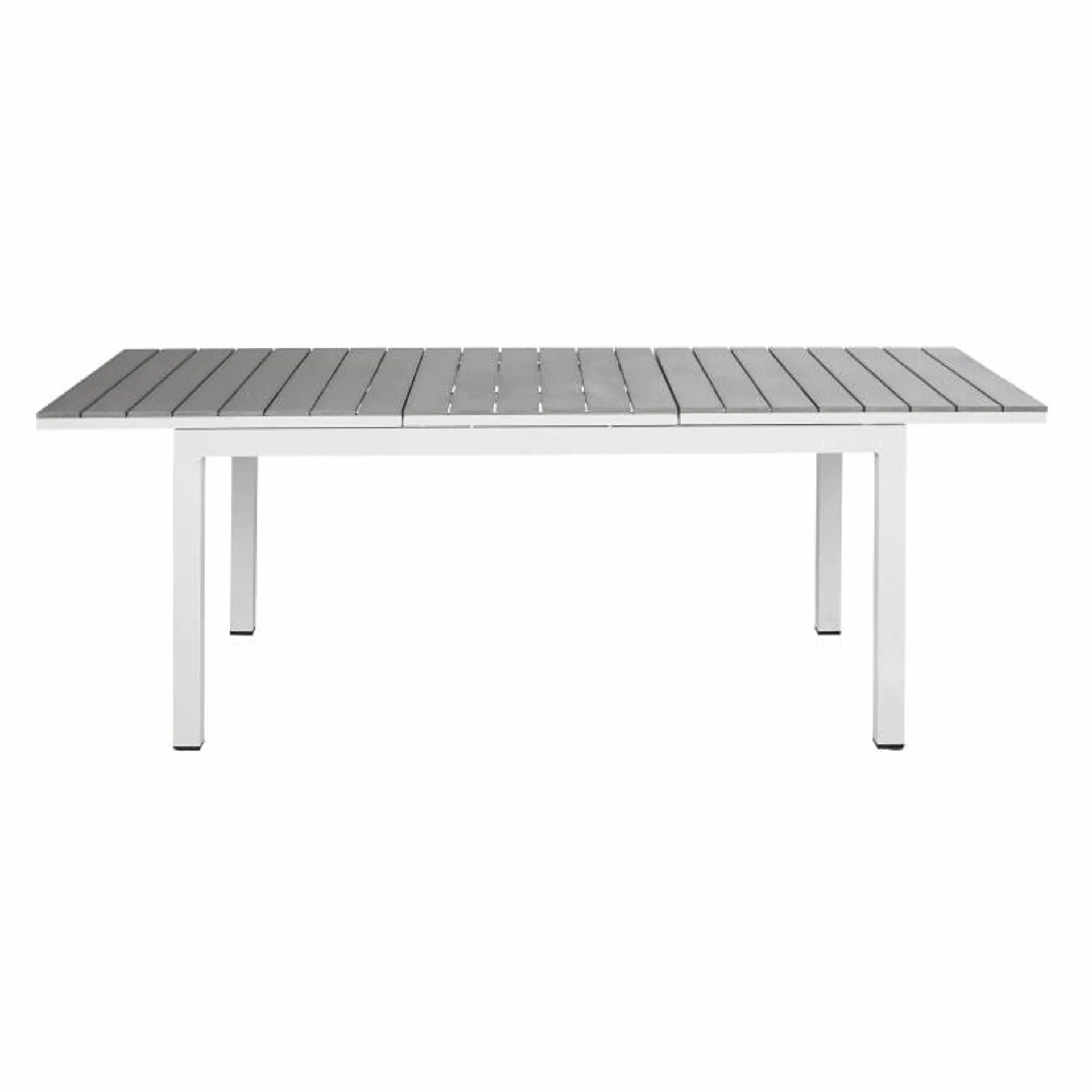 Mesa extensible de exterior de aluminio efecto madera gris claro y blanco para 6/8 personas