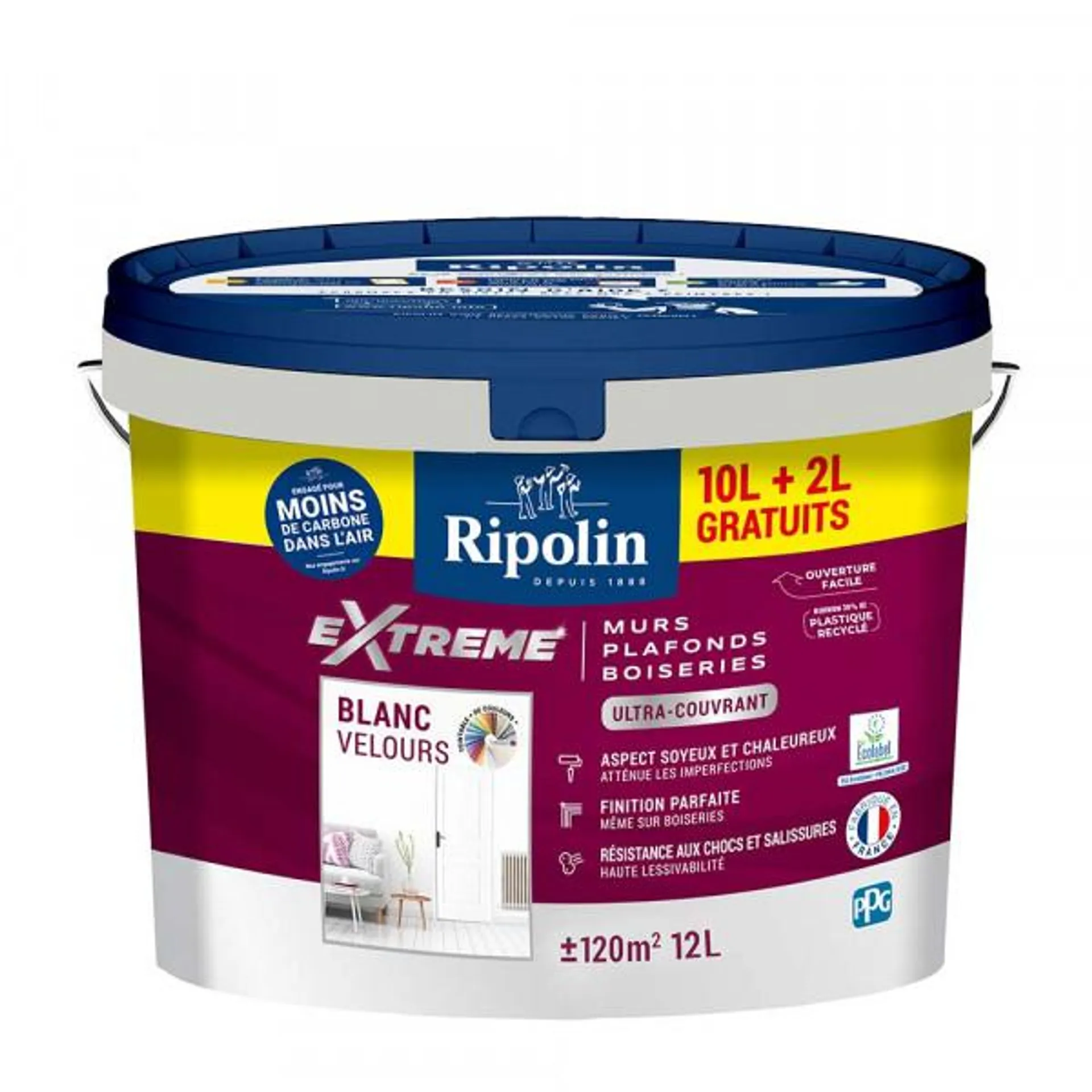 Peinture Ripolin extrême multi-supports murs, plafonds, boiseries blanc velours 12L