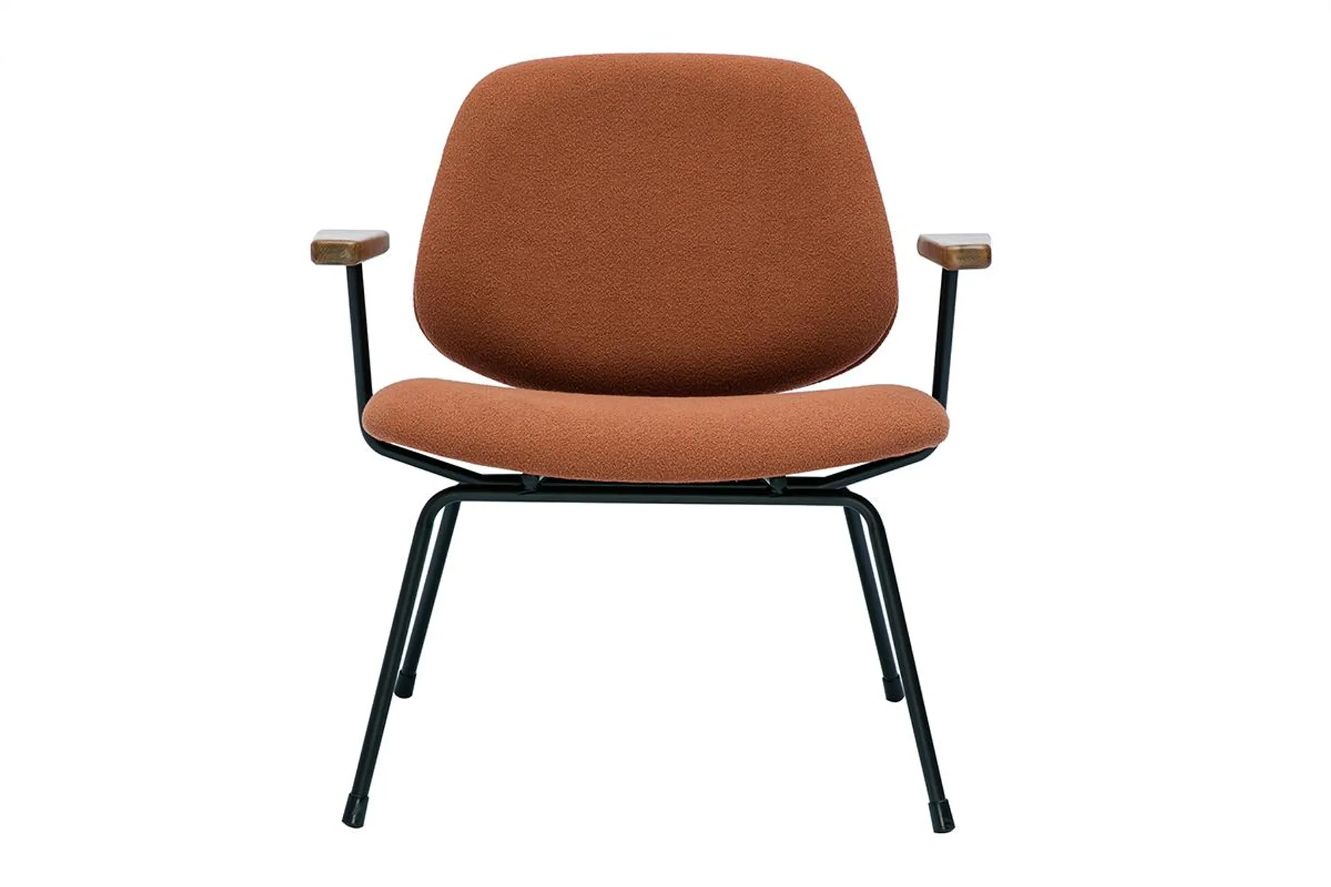 Fauteuil design en tissu effet laine bouclée terre brûlée, métal noir et bois foncé BARNET