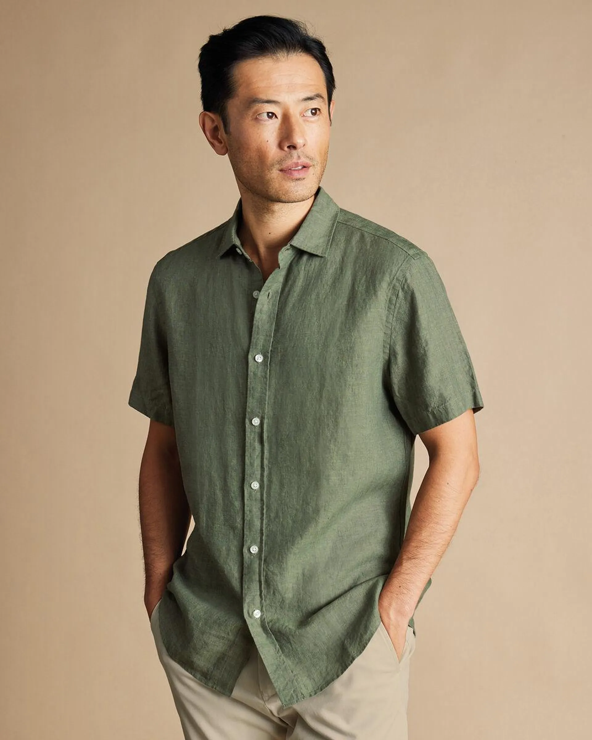 details about product: Pure Linen Short Sleeve Shirt - Olive Green