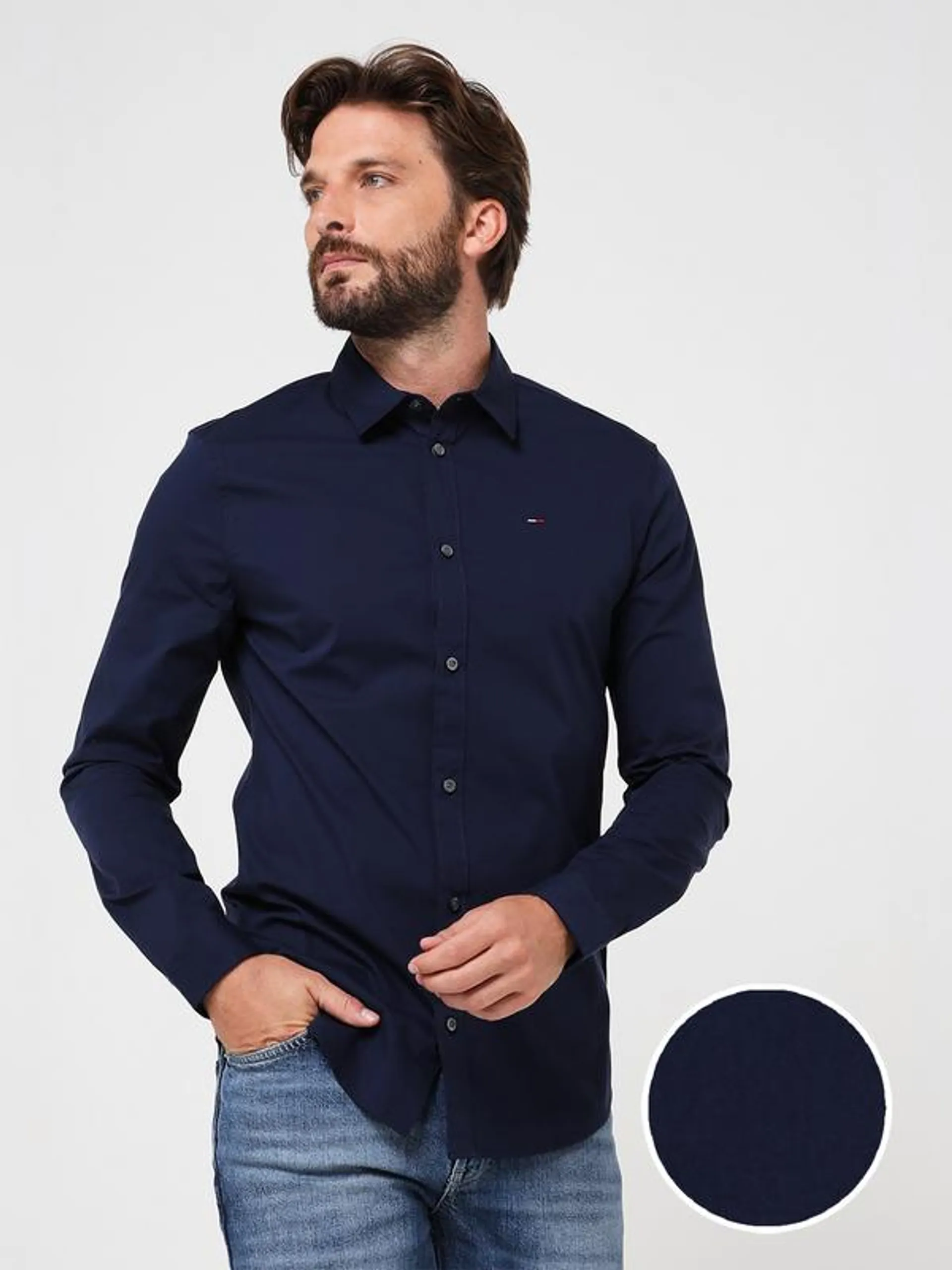 Chemise Slim Popeline Coton Stretch Unie - Bleu marine