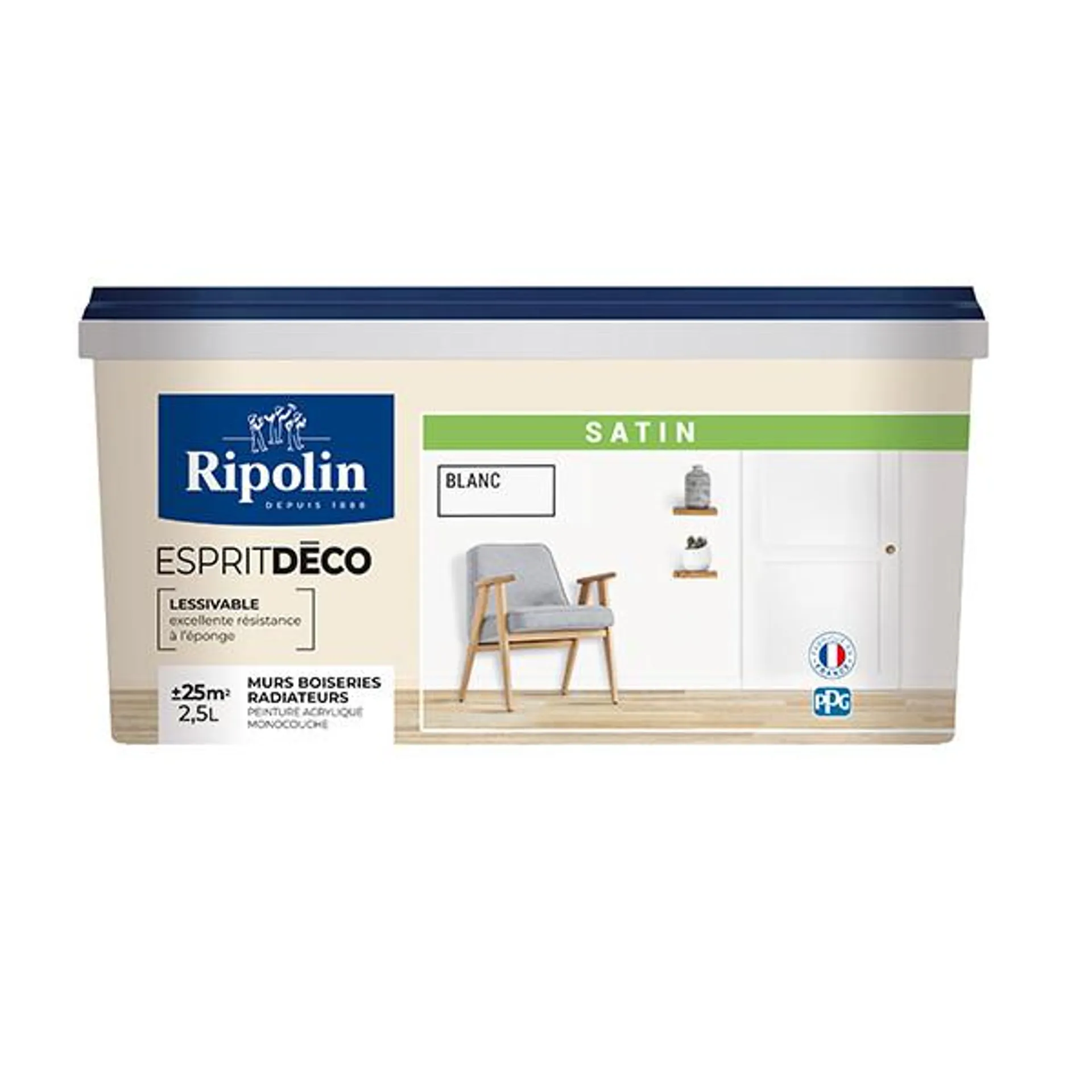 Peinture RIPOLIN Esprit Déco murs, plafonds, boiseries et radiateurs blanc satin 2,5L