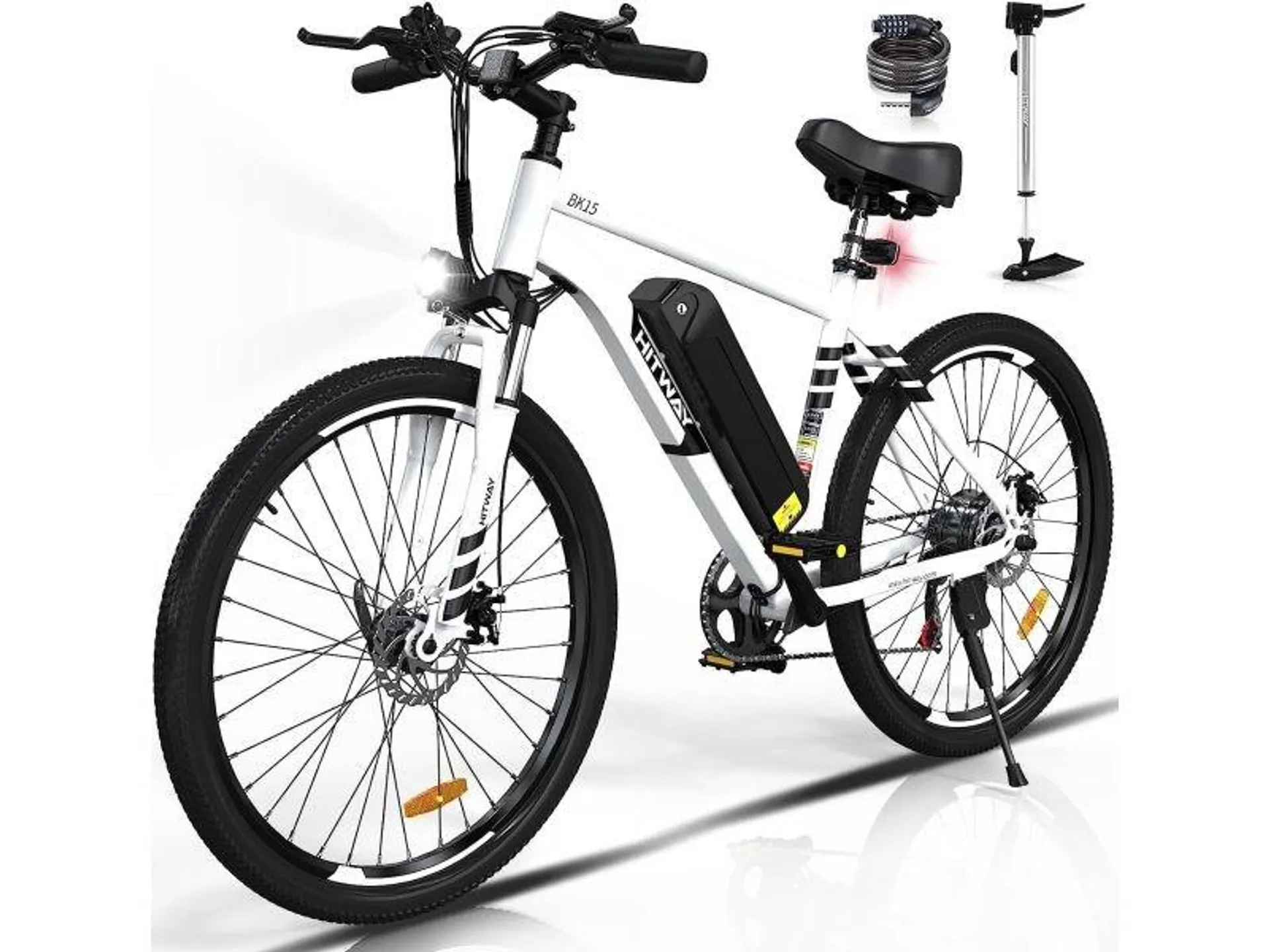 Hitway vélo électrique blanc, vtt électrique, 26" ville e-bike adulte, vélo électrique avec batterie amovible 36v 11.2ah, shimano 7 vitesses, autonomie 35-70km