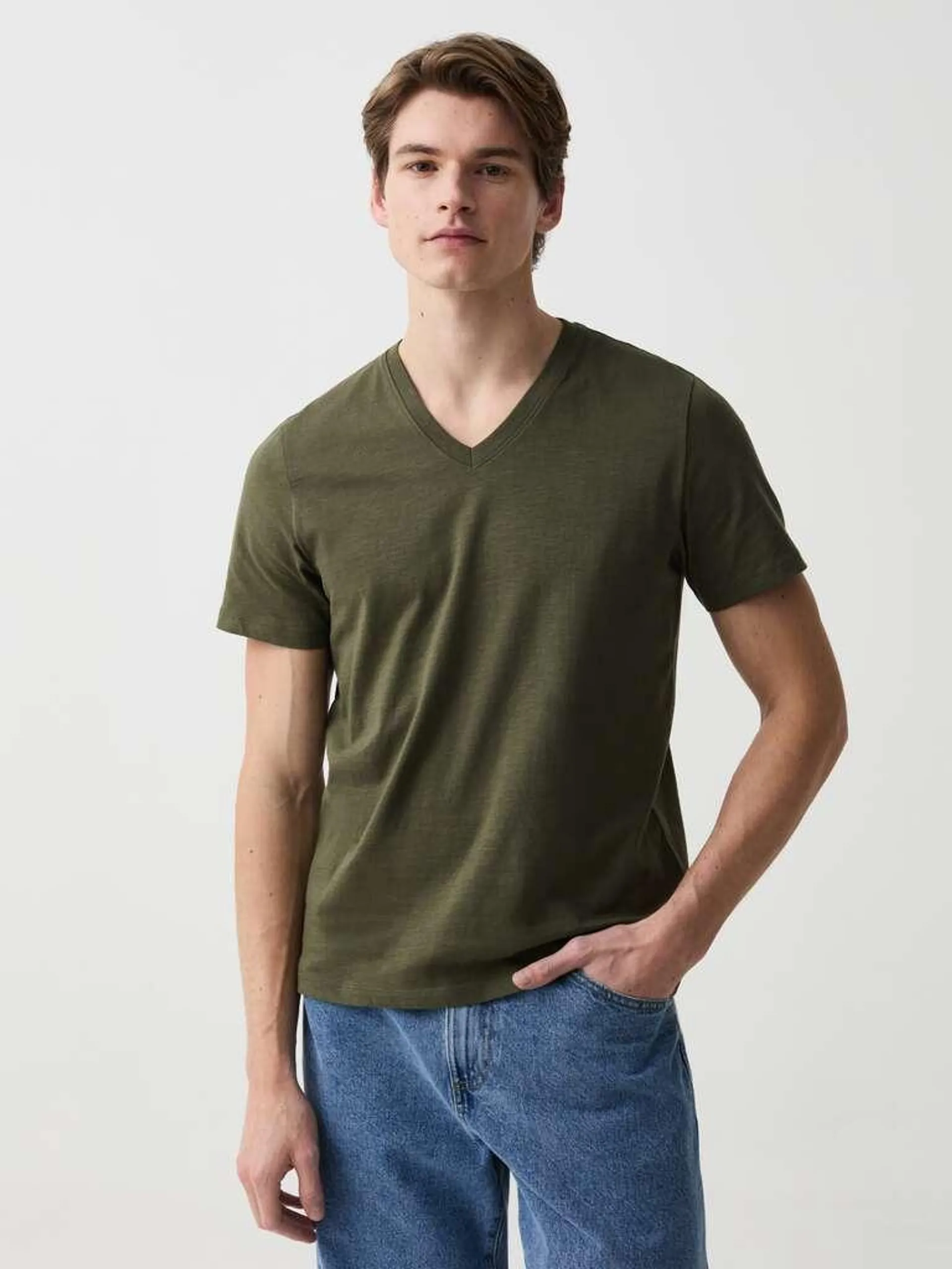 Army Green Slub jersey T-shirt with V neck