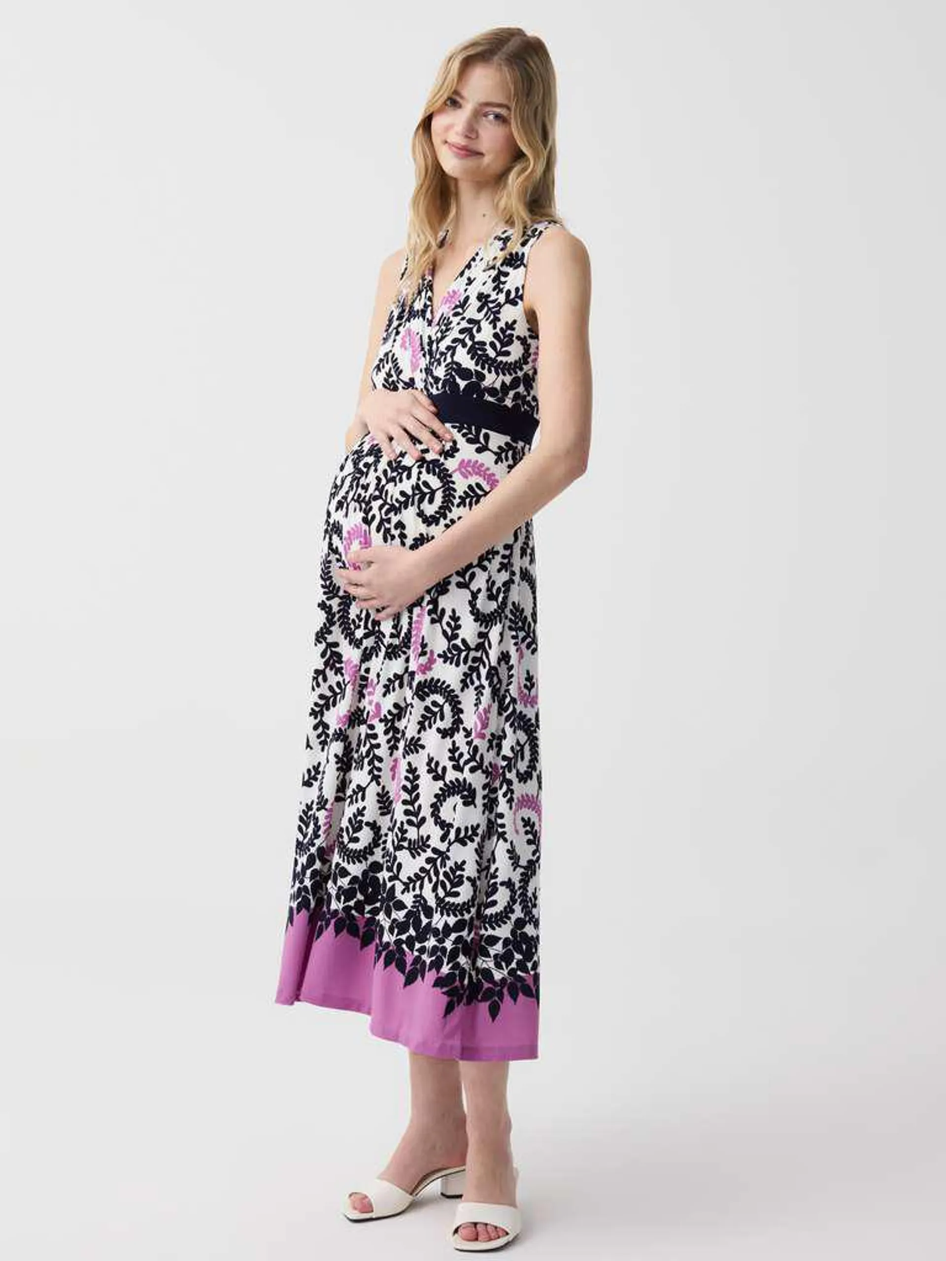 Optical White Long maternity dress with foliage print