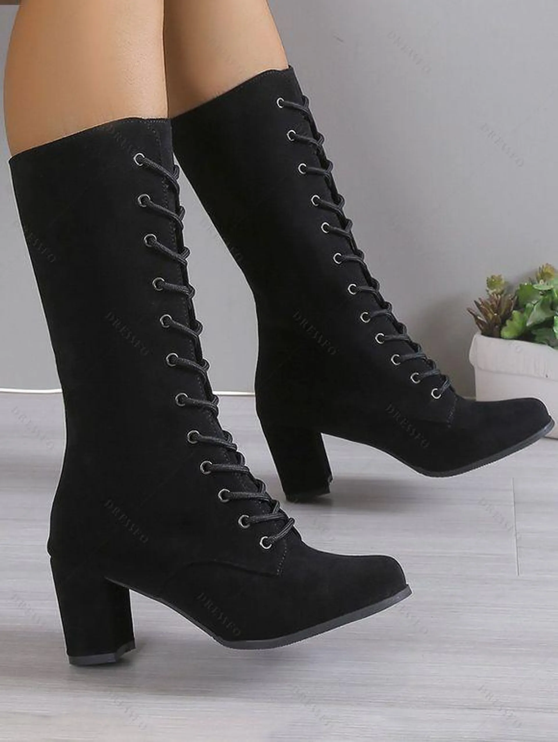 Solid Color Chunky Heel Lace Up Mid Calf Boots