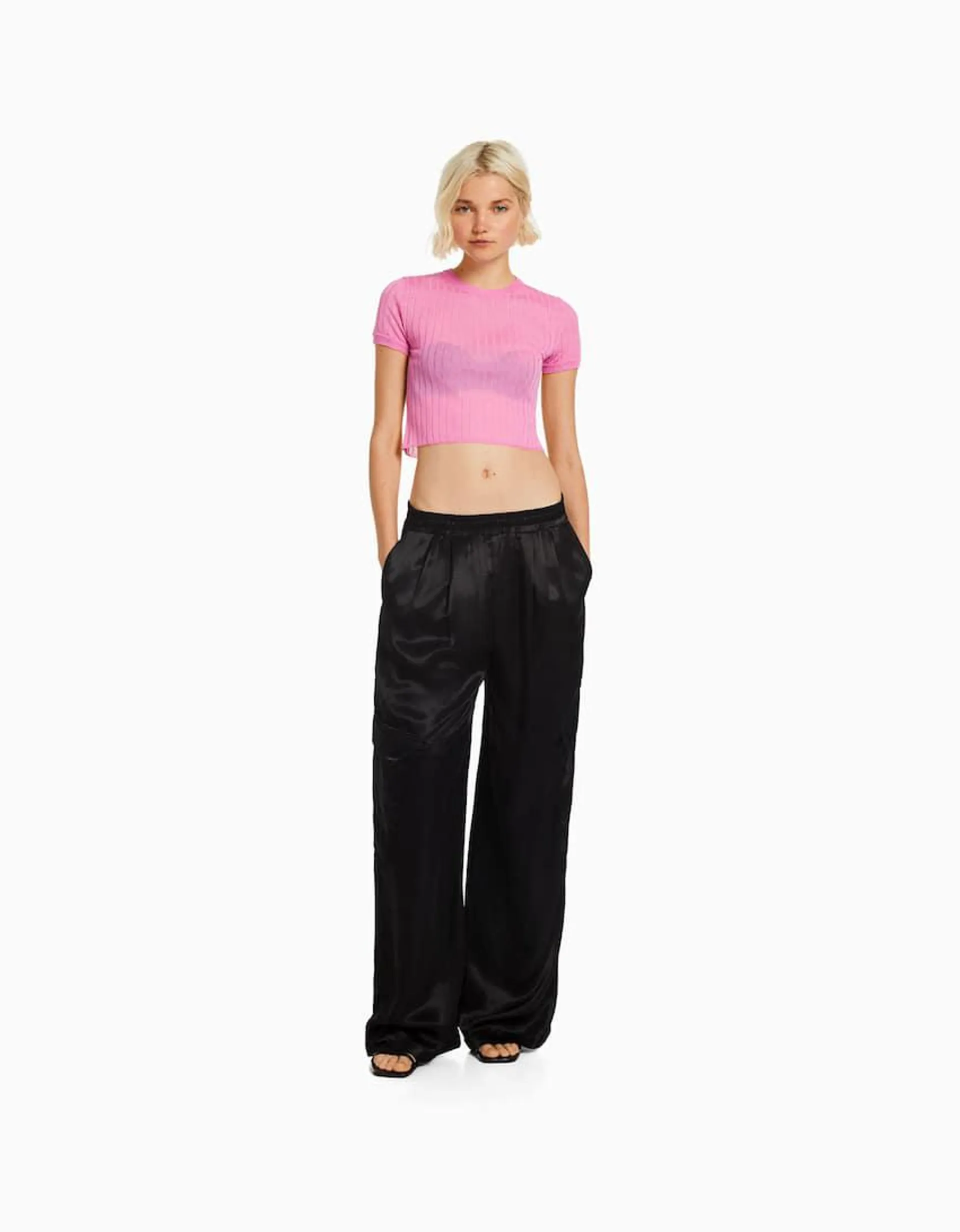 Pantalon wide leg satiné poche