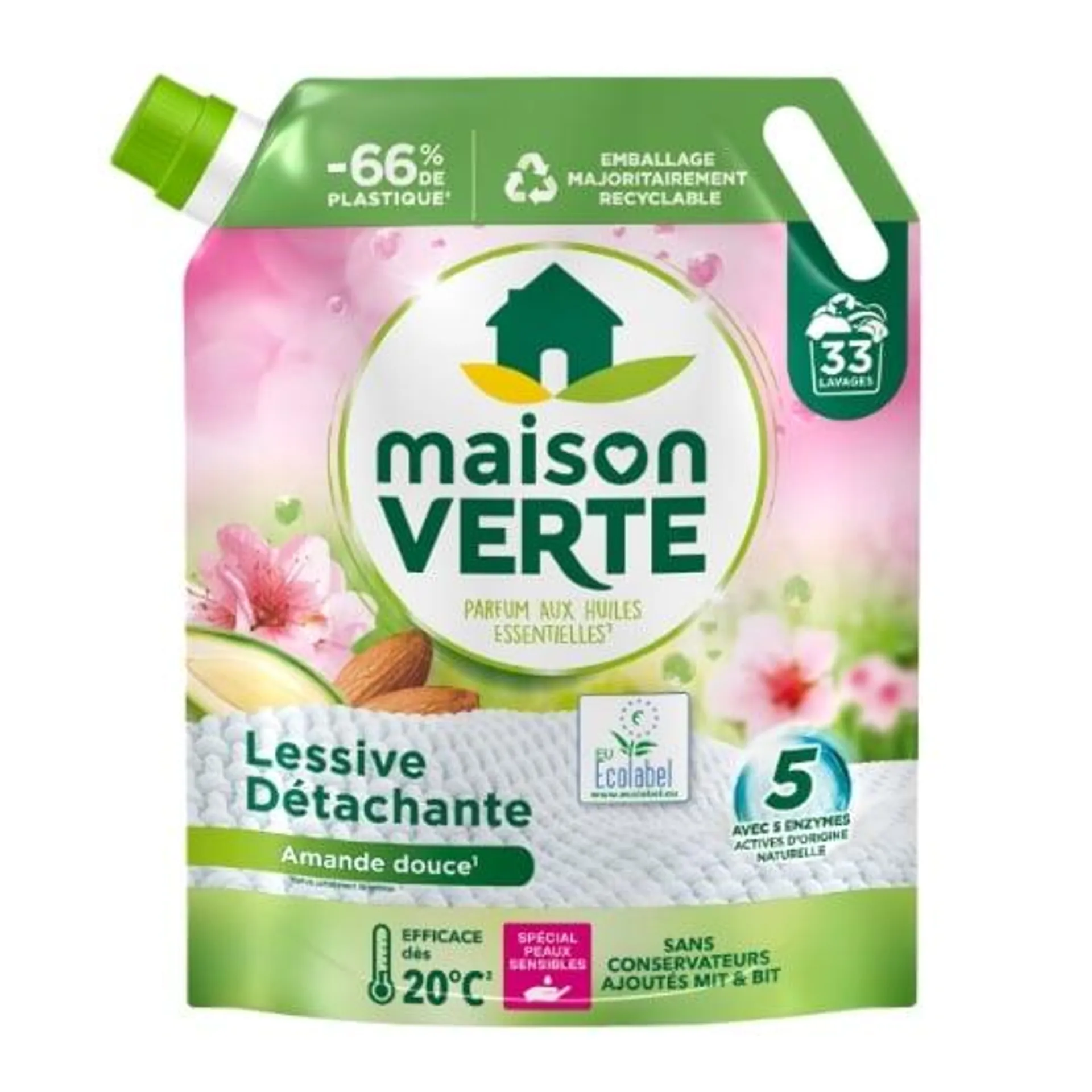 Lessive Liquide Hypoallergénique Détachante Amande Douce pour Peaux Sensibles MAISON VERTE