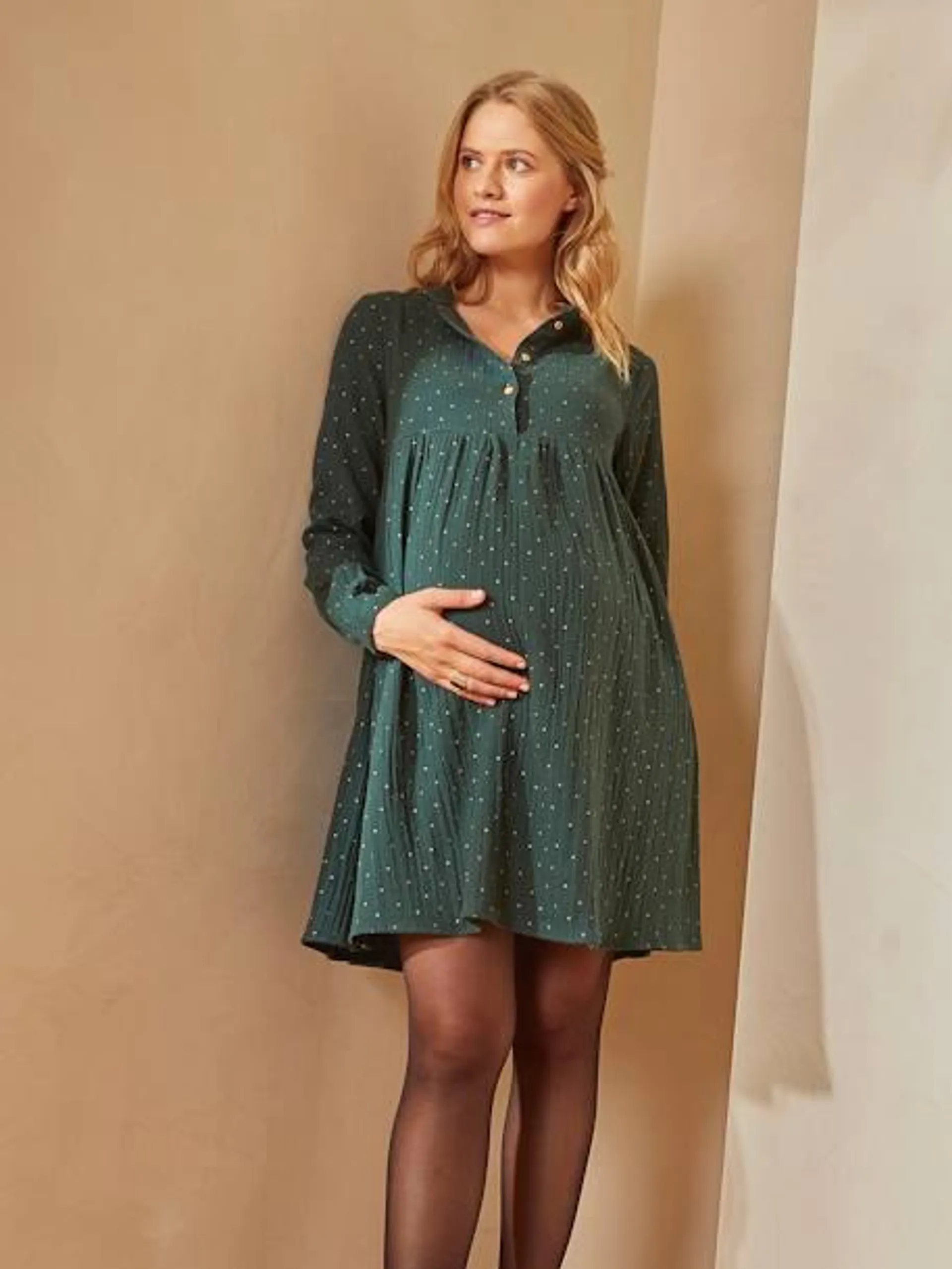 Robe imprimée gaze de coton grossesse et allaitement - vert