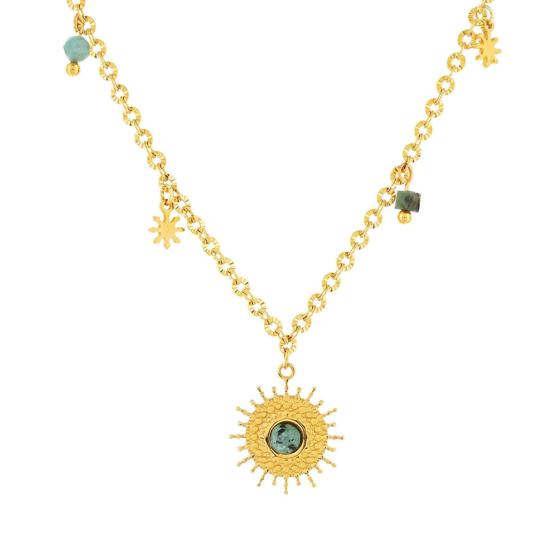 Collier acier jaune pierres naturelles soleil 43 cm