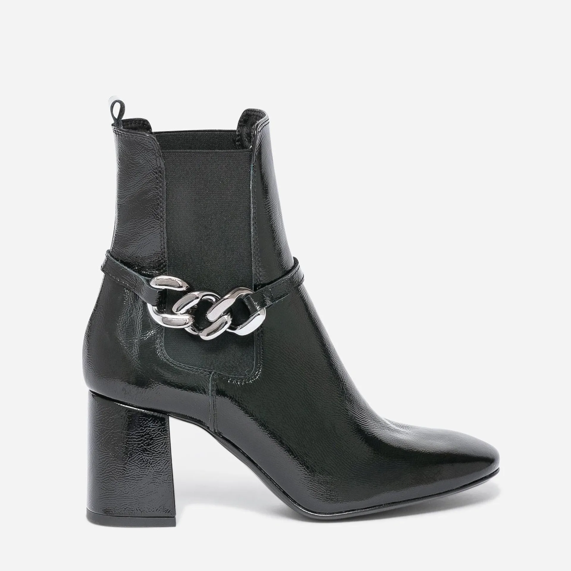 Chelsea boots noir verni éco-conçu avec chaîne