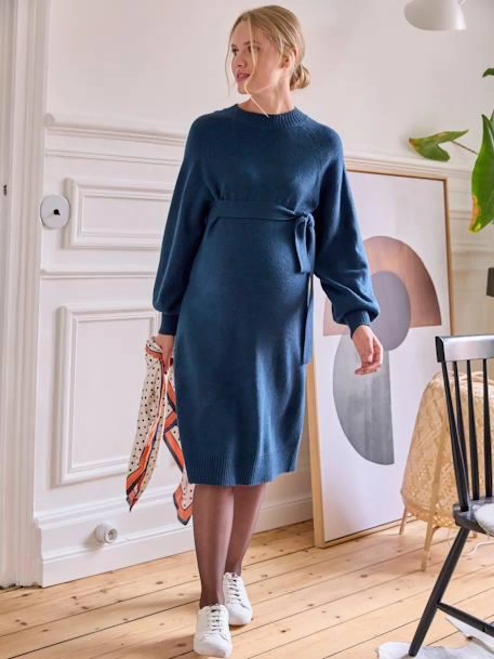 Robe-pull mi-longue avec ceinture de grossesse - bleu océan