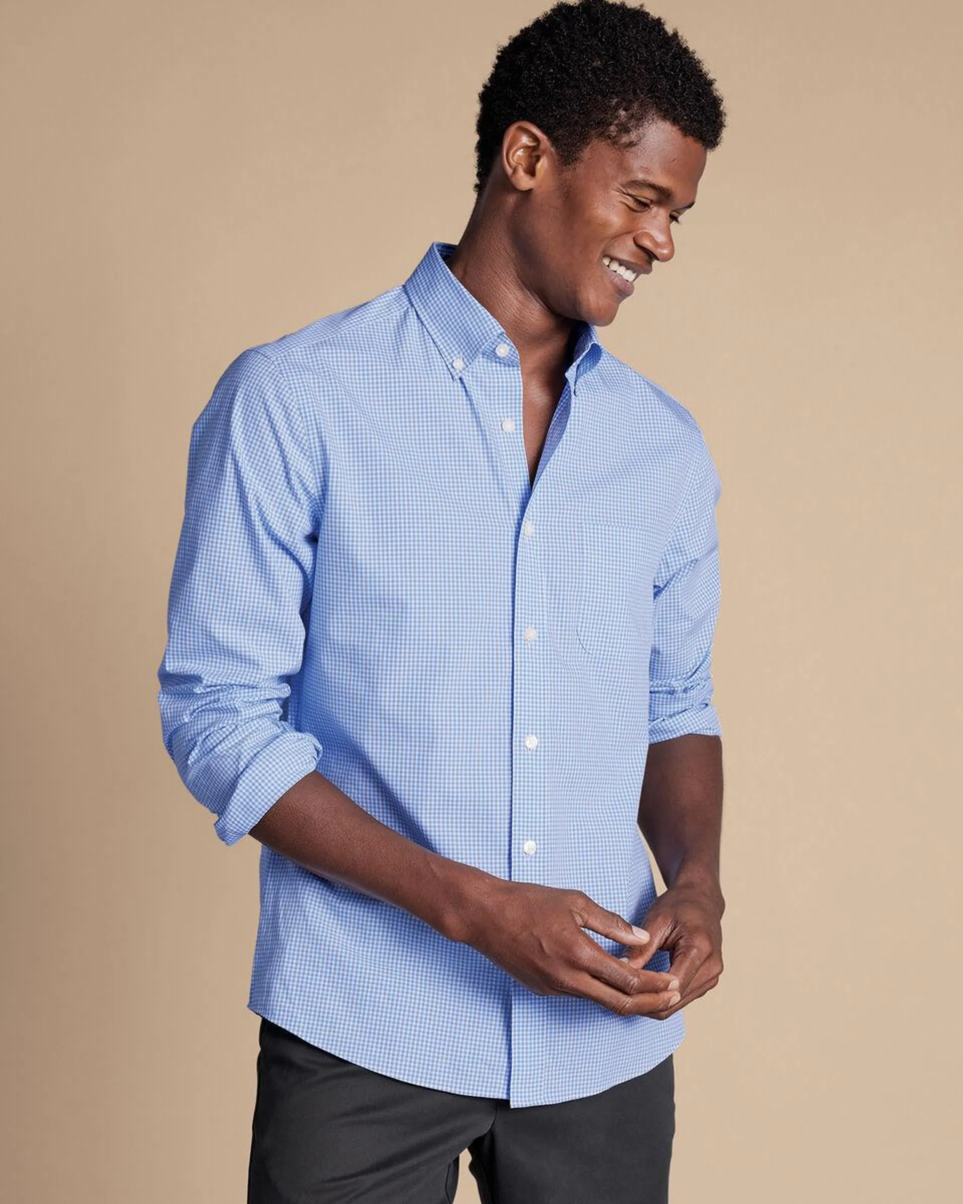 details about product: Button-Down Collar Non-Iron Stretch Poplin Mini Gingham Check Shirt - Ocean Blue