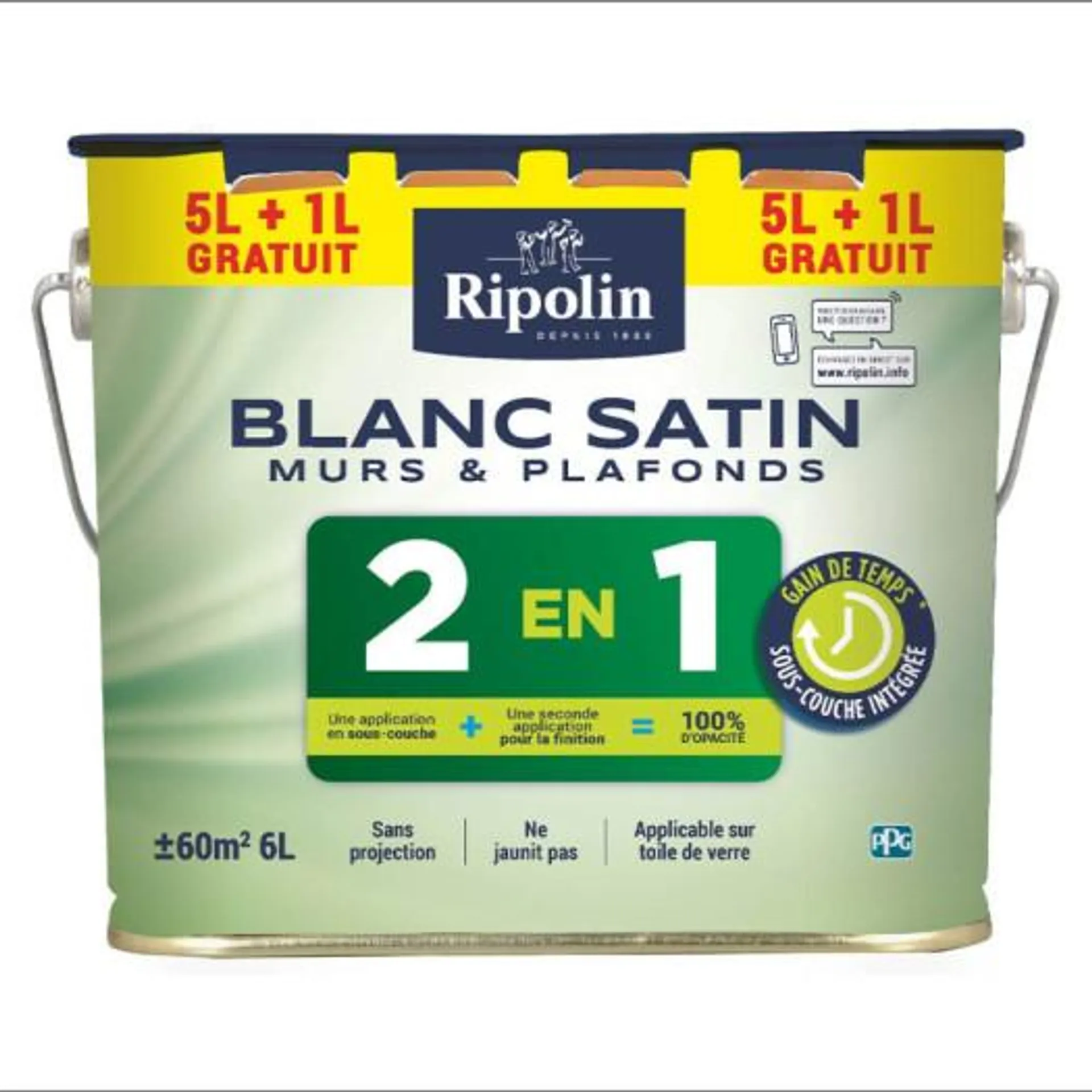 Peinture Ripolin murs et plafonds 2 en 1 sous-couche intégrée blanc satin 5L+1L gratuit