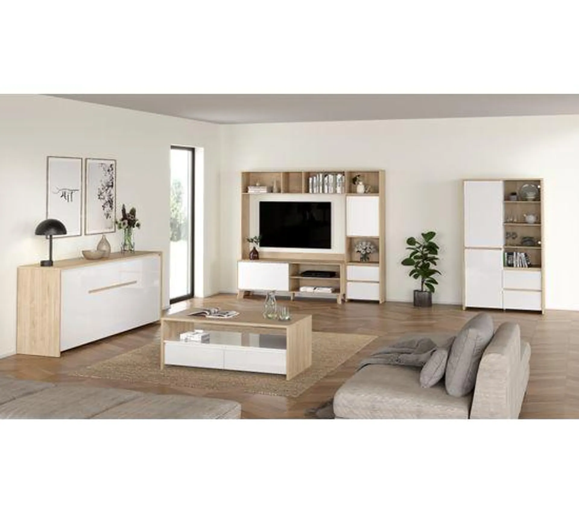 Buffet 4P/1T MOSS Blanc laqué/imitation chêne