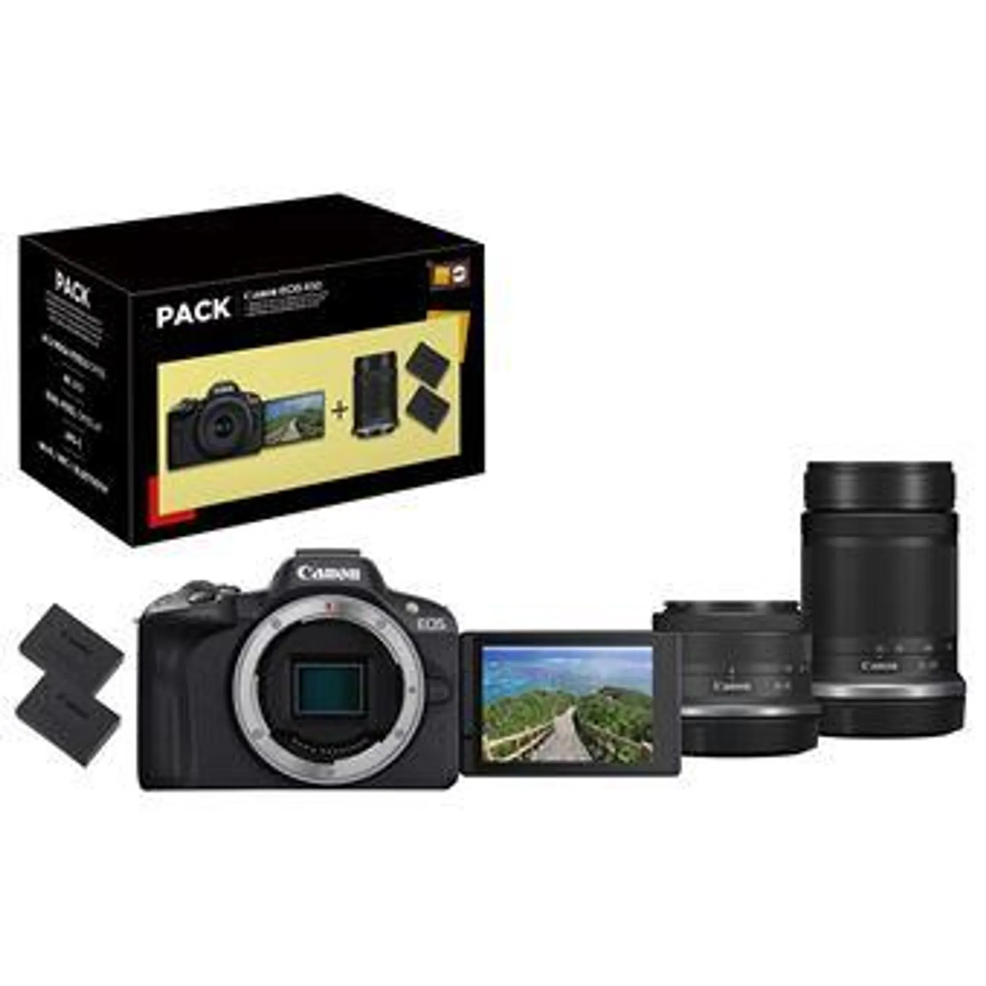 Pack Fnac Appareil photo hybride Canon EOS R50 Noir + RF-S 18-45mm f/4.5-6.3 IS STM + RF-S 55-210mm f/5-7.1 IS STM + 2ème batterie + chargeur