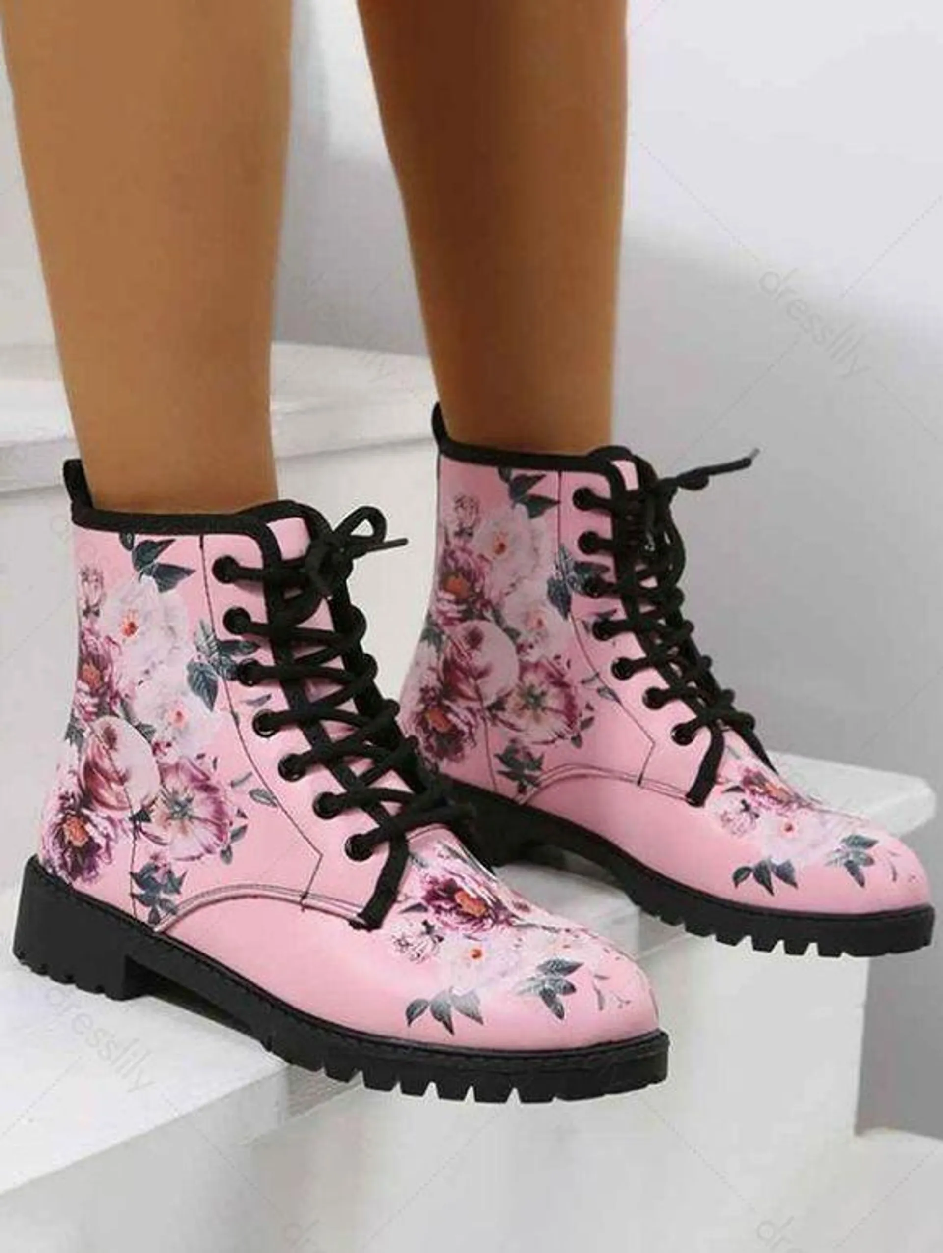 Flower Allover Print Lace Up Lug Sole Casual Boots