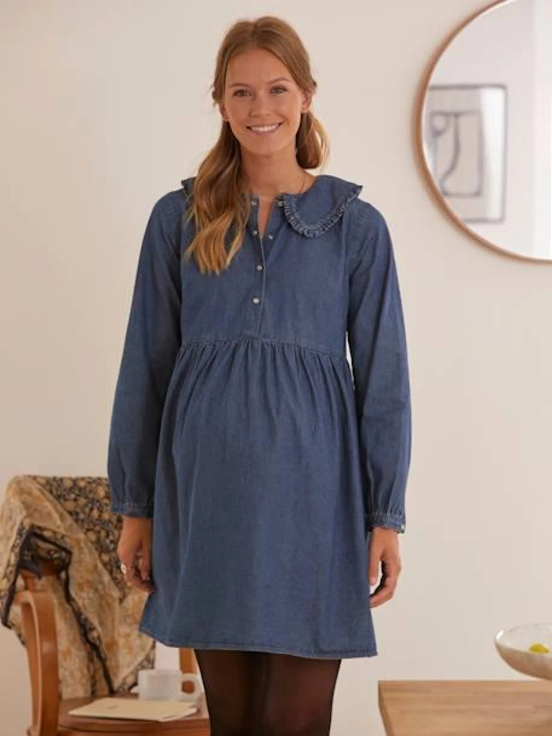 Robe col claudine volanté grossesse et allaitement jean denim - bleu canard