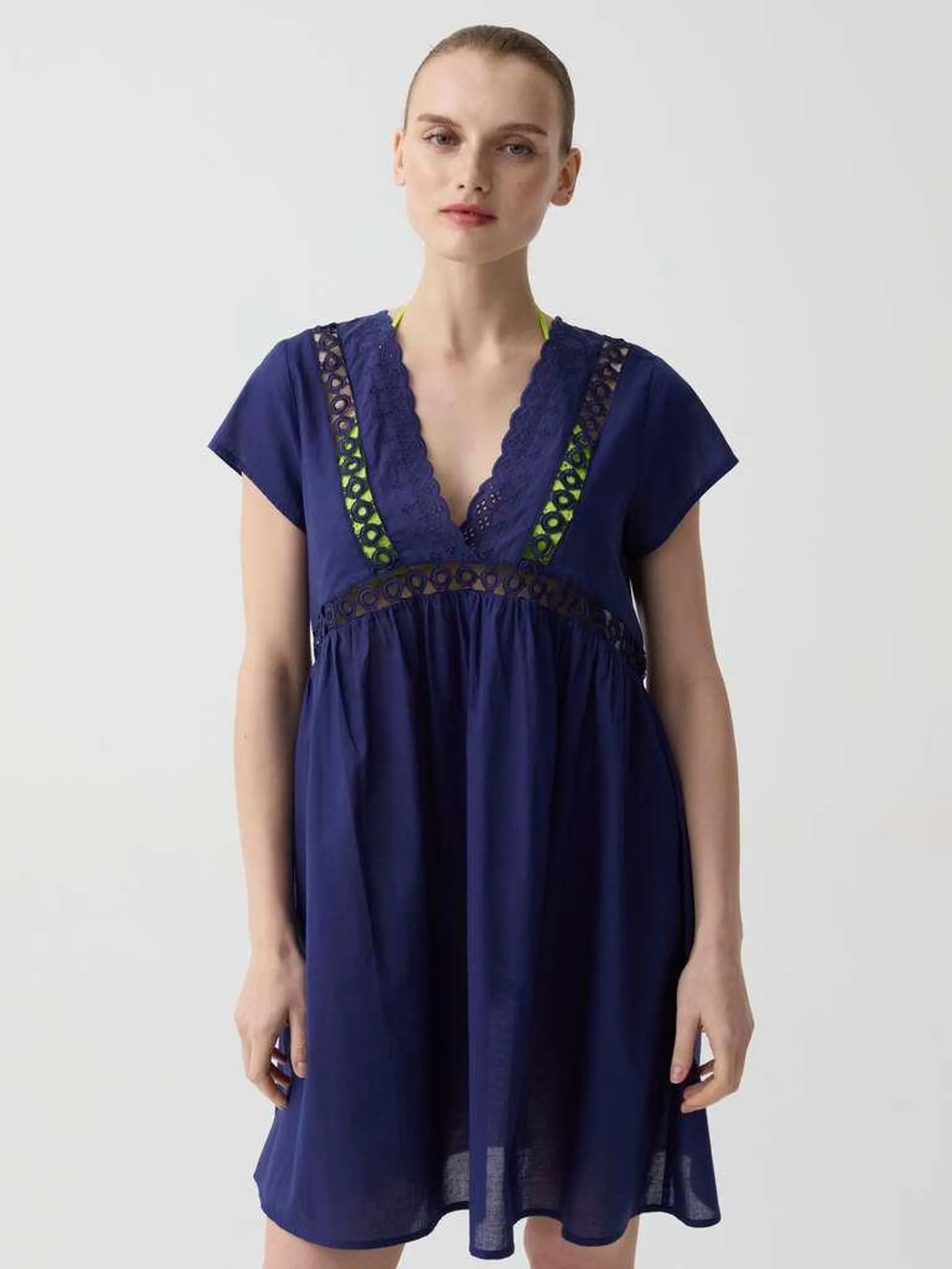 Positano summer dress in borderie anglaise Bleu marine