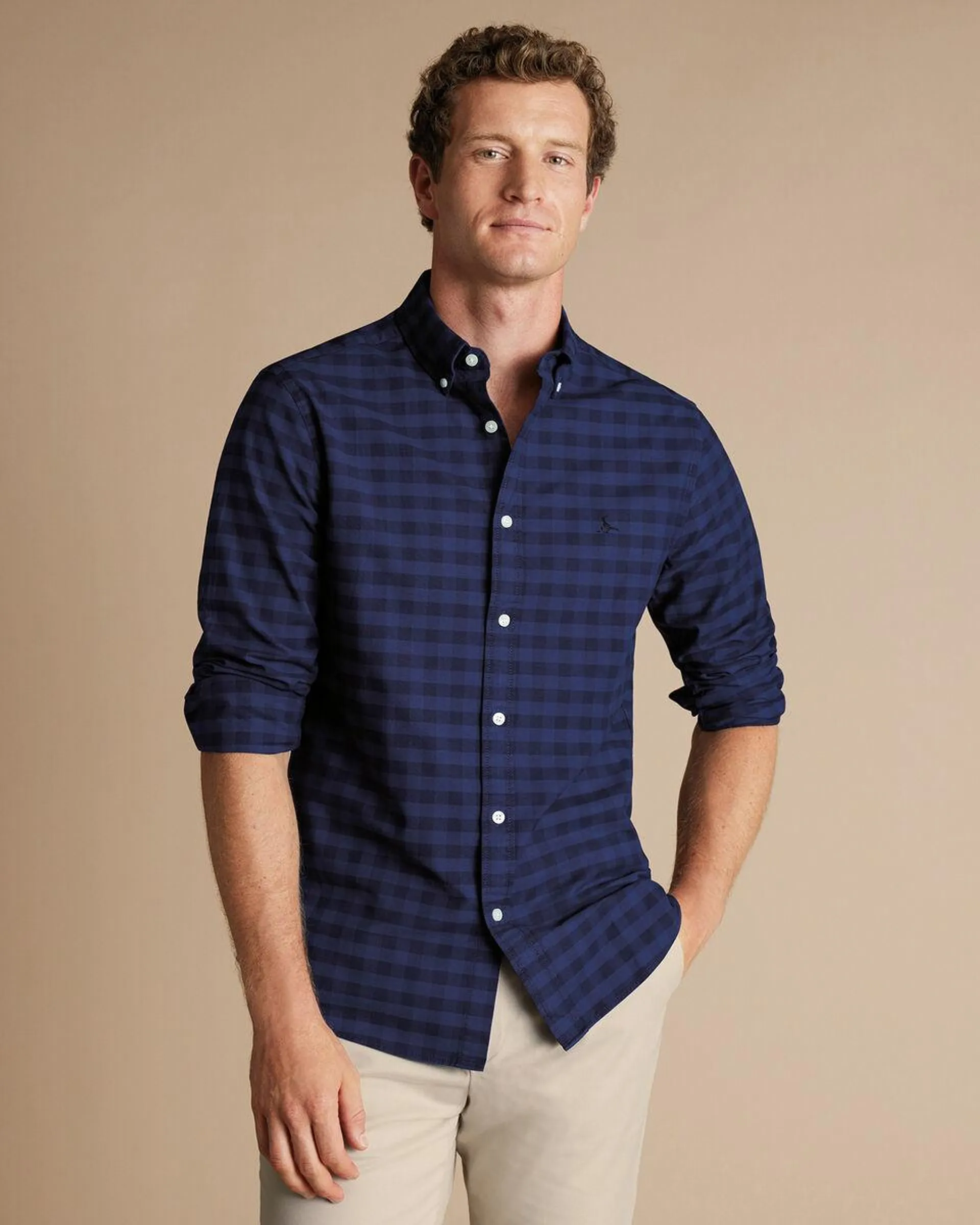 details about product: Button-Down Collar Stretch Washed Oxford Gingham Shirt - Ink Blue