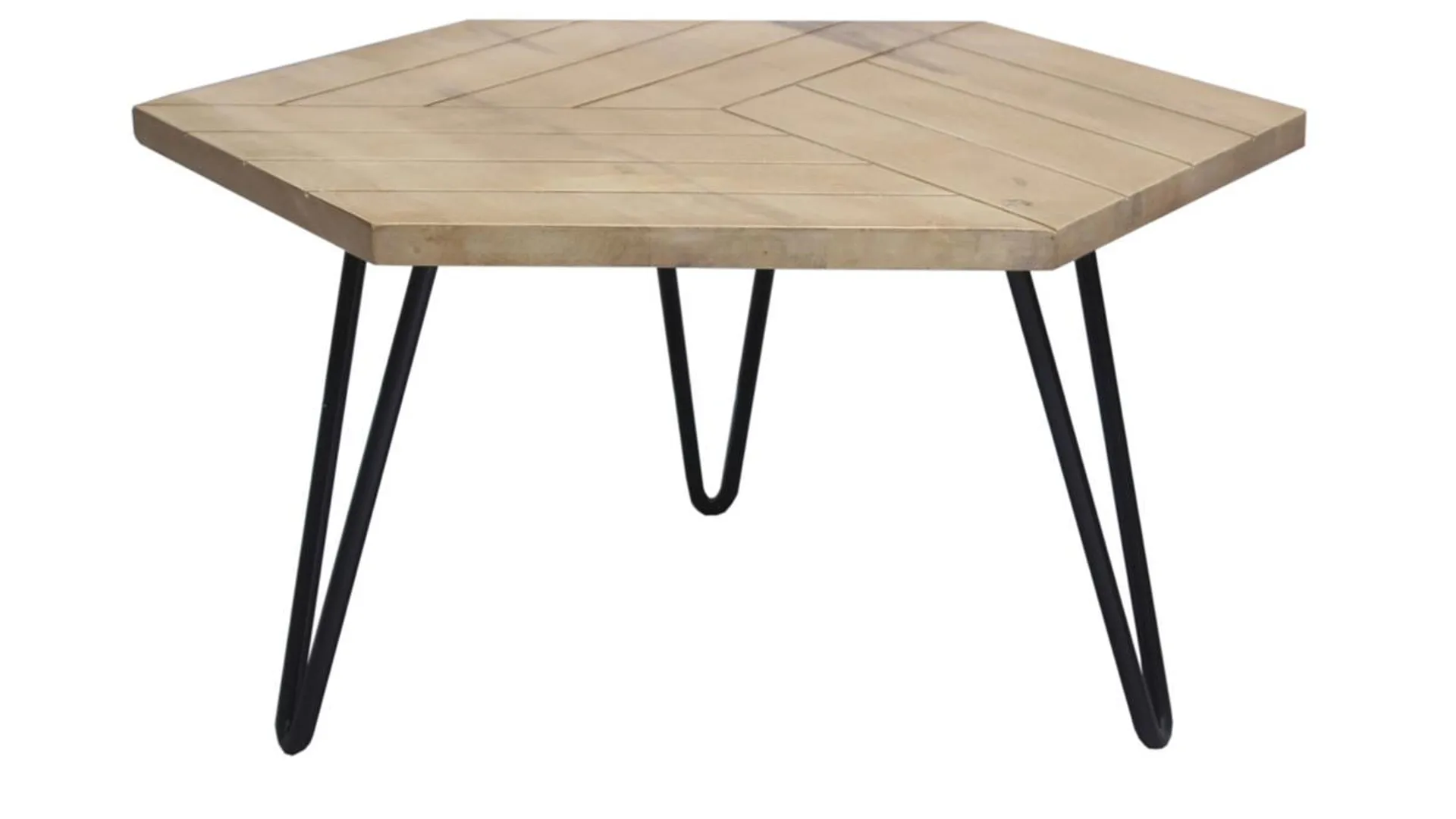 Table basse hexagonale gravée bois manguier massif et métal noir L80 cm VIBES