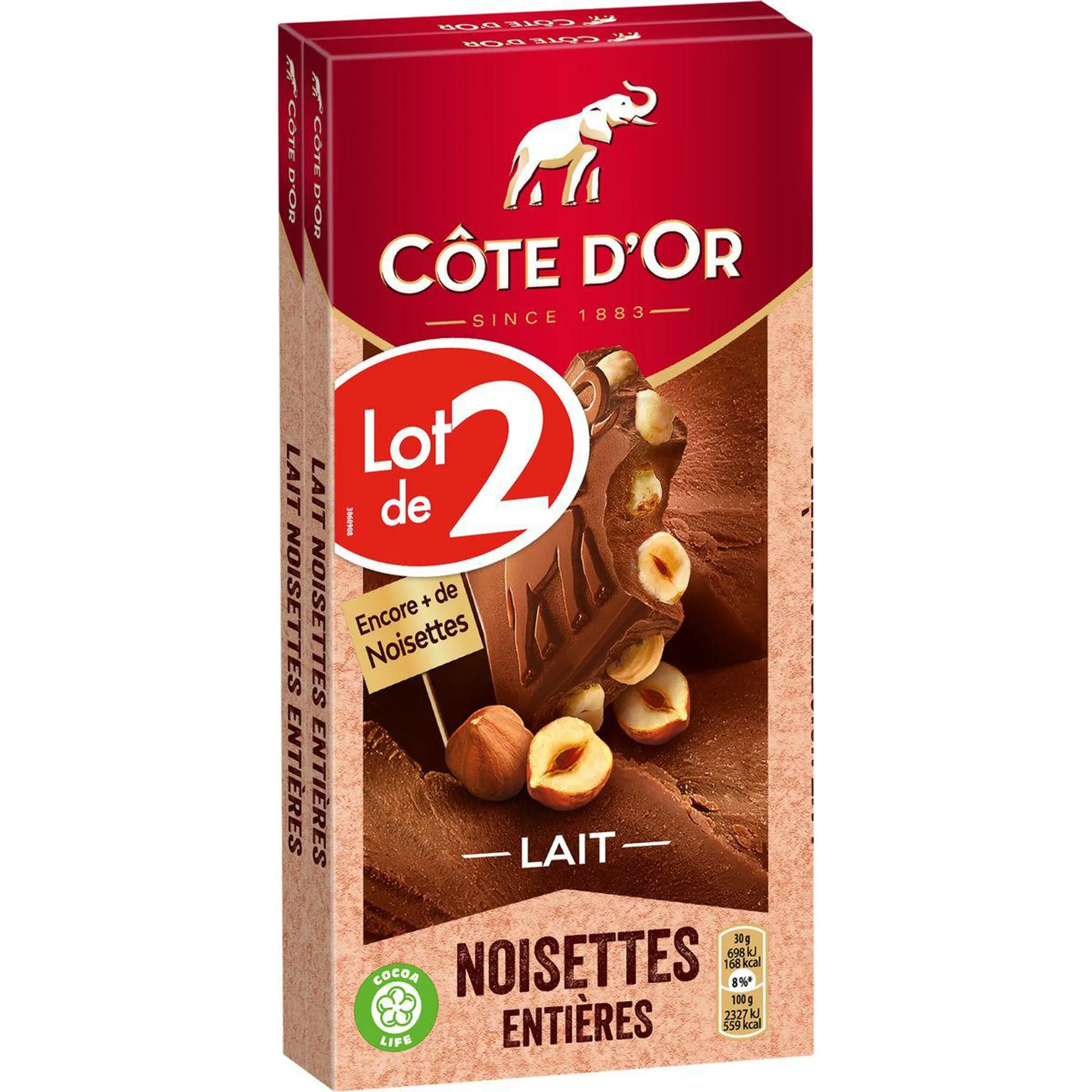 COTE D'OR Tablette de chocolat au lait et noisettes entières 2 pièces 2x180g